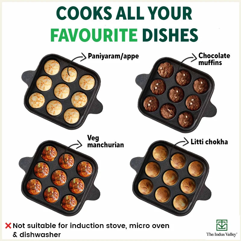 The Indus Valley 9 Pit/Cup CASTrong Cast Iron Paniyaram/Appe Pan+ Free Spatula, Pre-seasoned, Natural Nonstick, 100% Pure, Toxin-free, 24 cm, 1.34 kg - view 12