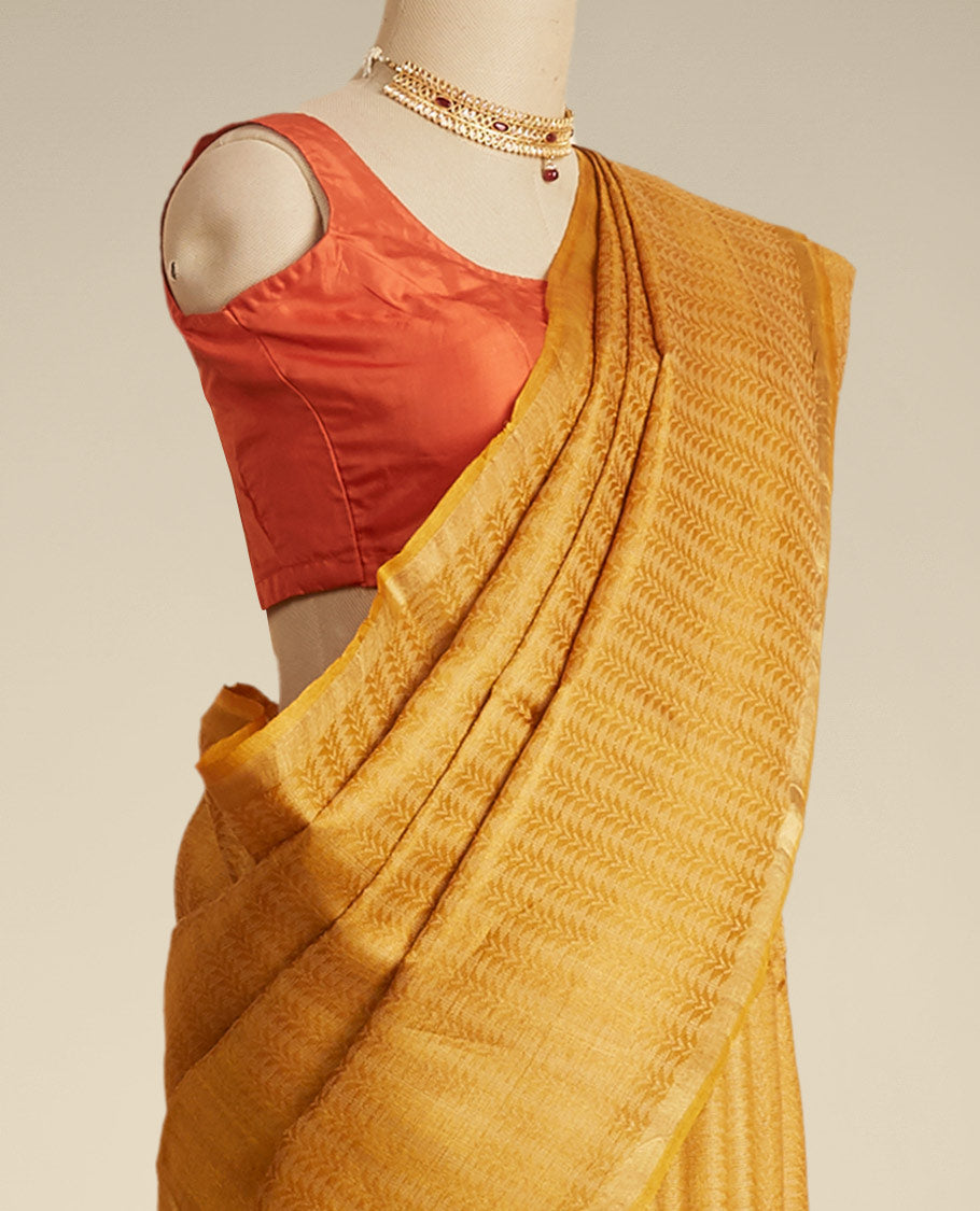 Pothys Yellow leaf vine design tusser silk saree with self zari border