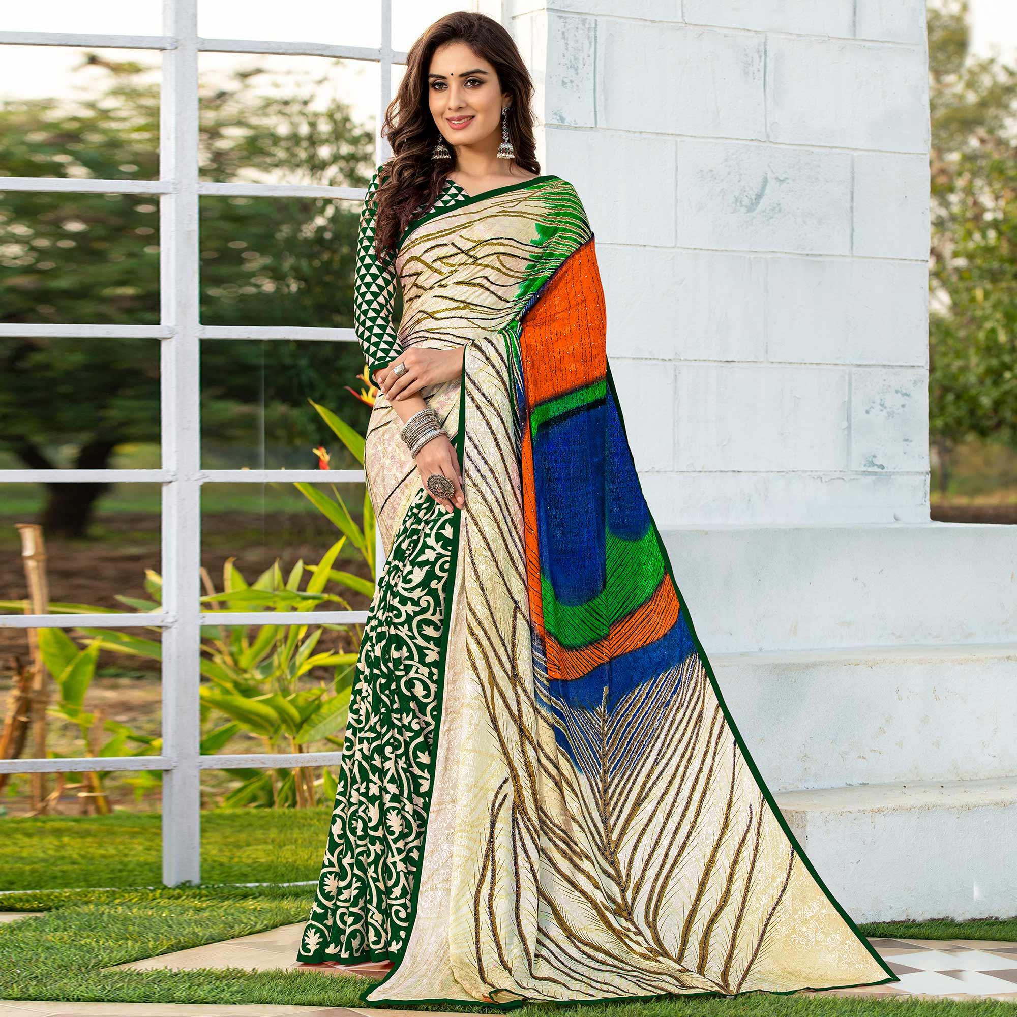 Peachmode Flaunt Green-Cream Colored Party Wear Printed Silk Half-Half Saree