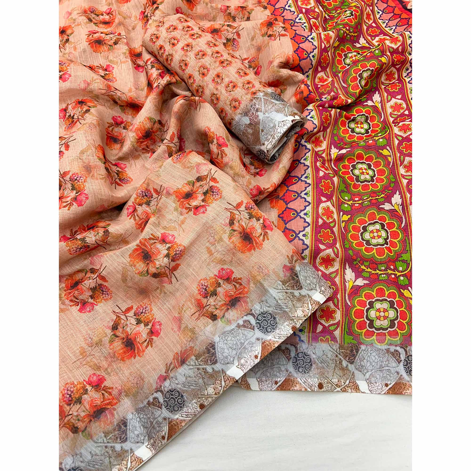 Peachmode Light Orange Floral Digital Printed Linen Saree With Zari Border - view 3
