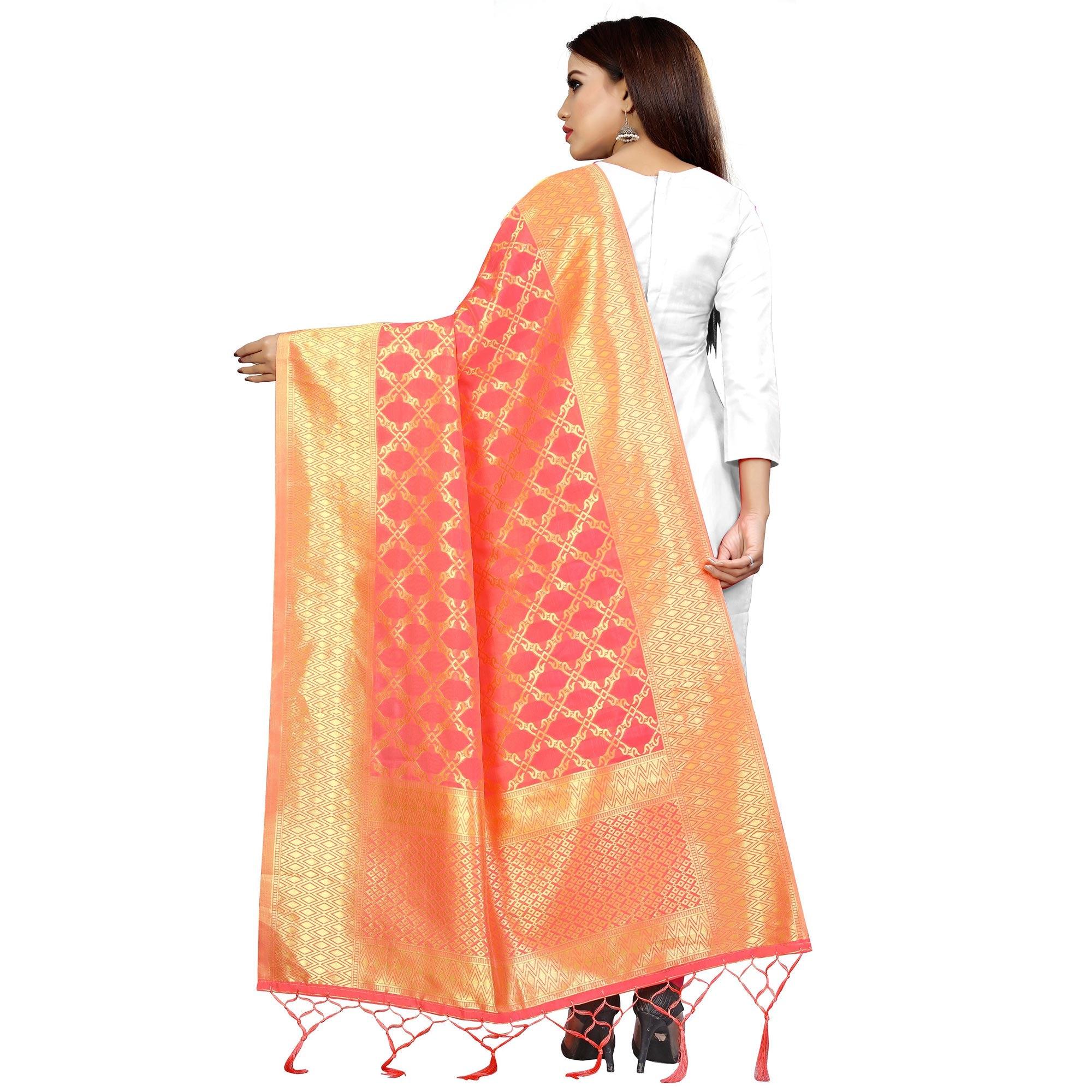 Peachmode Seller Lovely Peach Colored Festive Wear Banarasi Silk Dupatta - view 4
