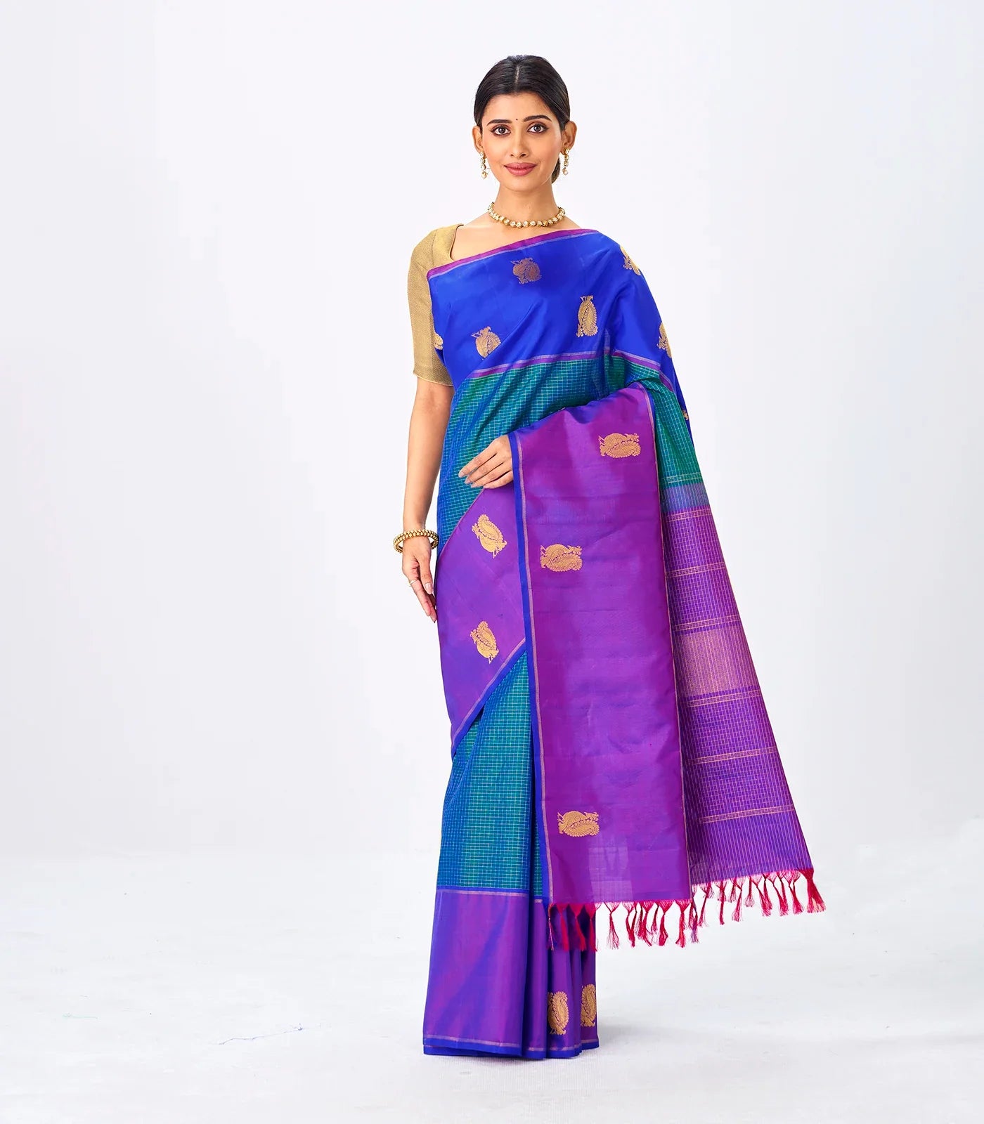 RmKV Cyan Handloom Kanchipuram Silk Saree With Zari Checks & Ganga Jamuna Border