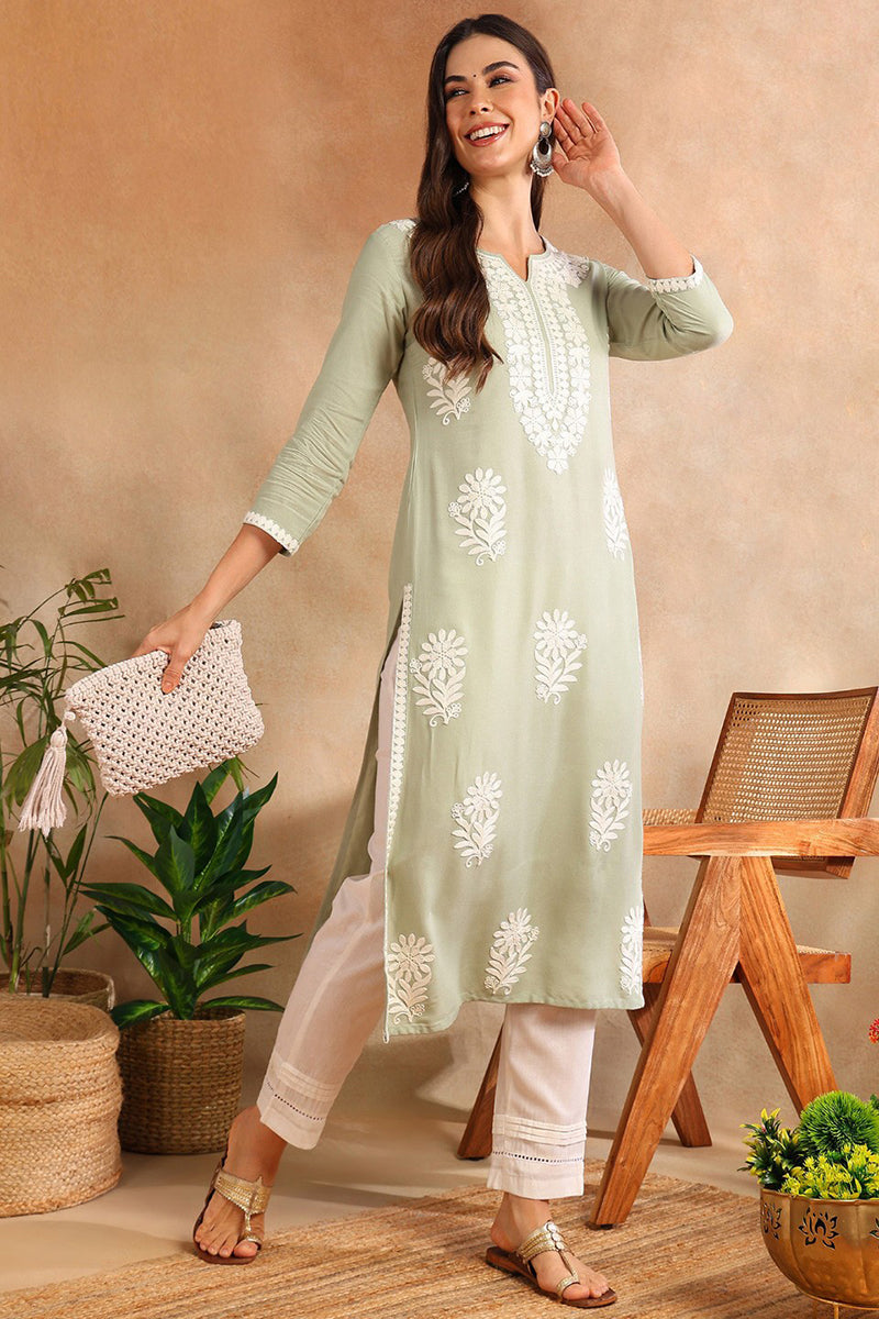 Ahika Green Viscose Rayon Solid Embroidered Chikankari Straight Kurta VCK9779GRN