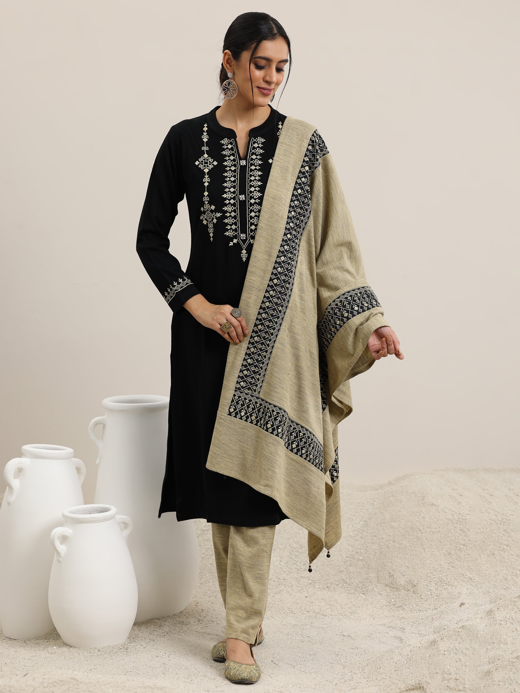 Libas Black Yoke Design Wool Blend Straight Suit With Dupatta