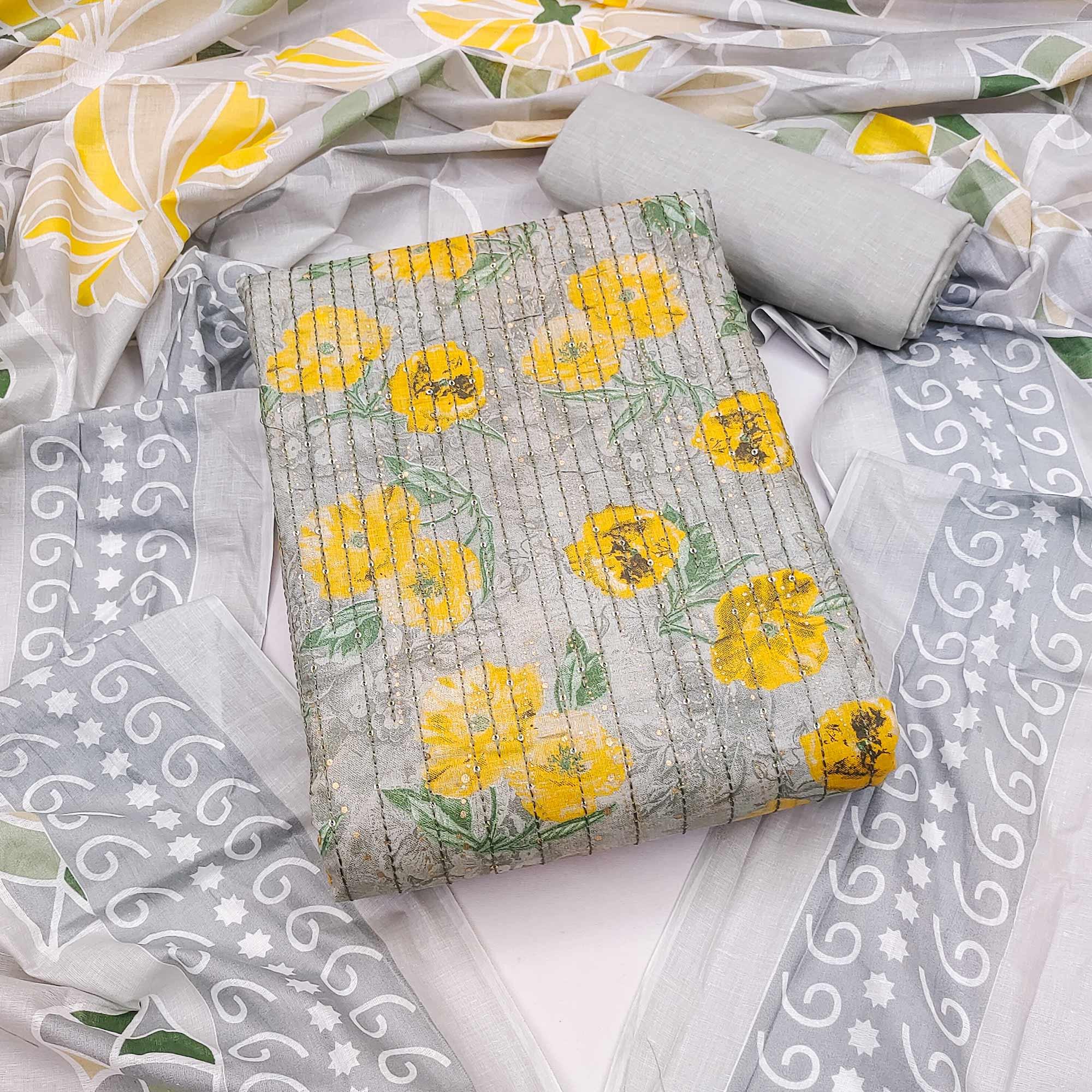 Peachmode Grey-Yellow Printed With Embroidered Pure Cotton Dress Material