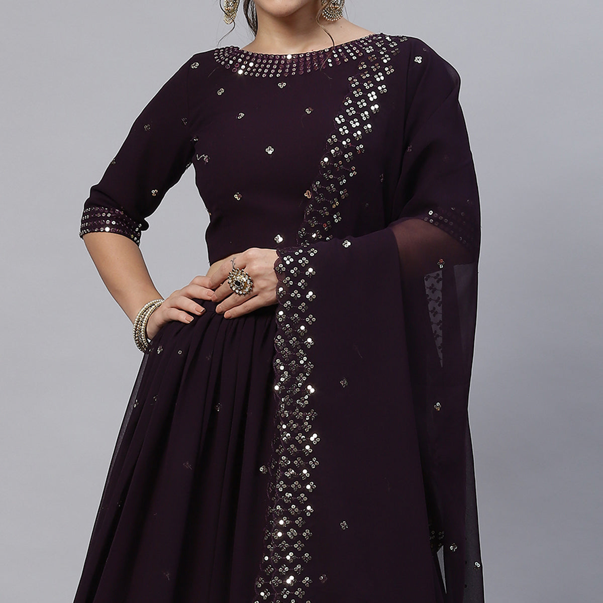 Peachmode Dark Purple Sequins Embroidered Georgette Lehenga Choli - view 3