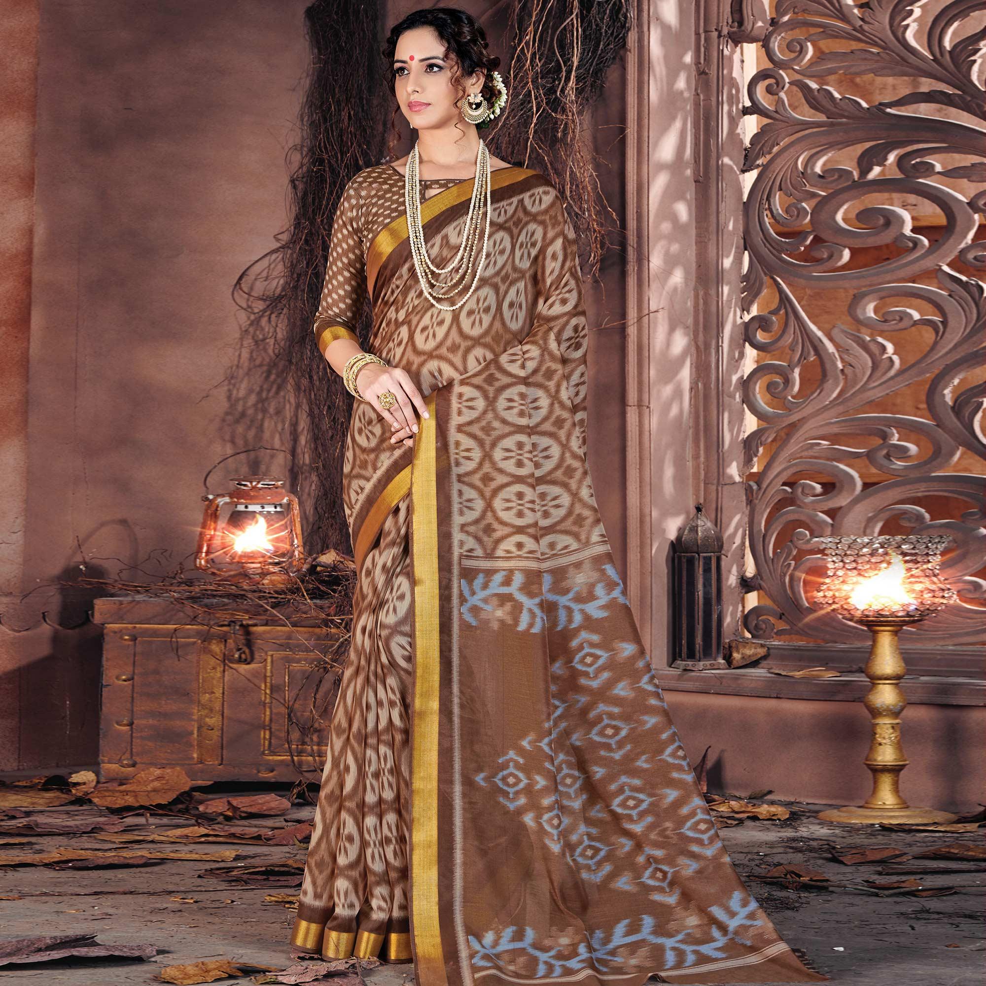 Peachmode Intricate Brown Colored Casual Wear Printed Cotton Saree