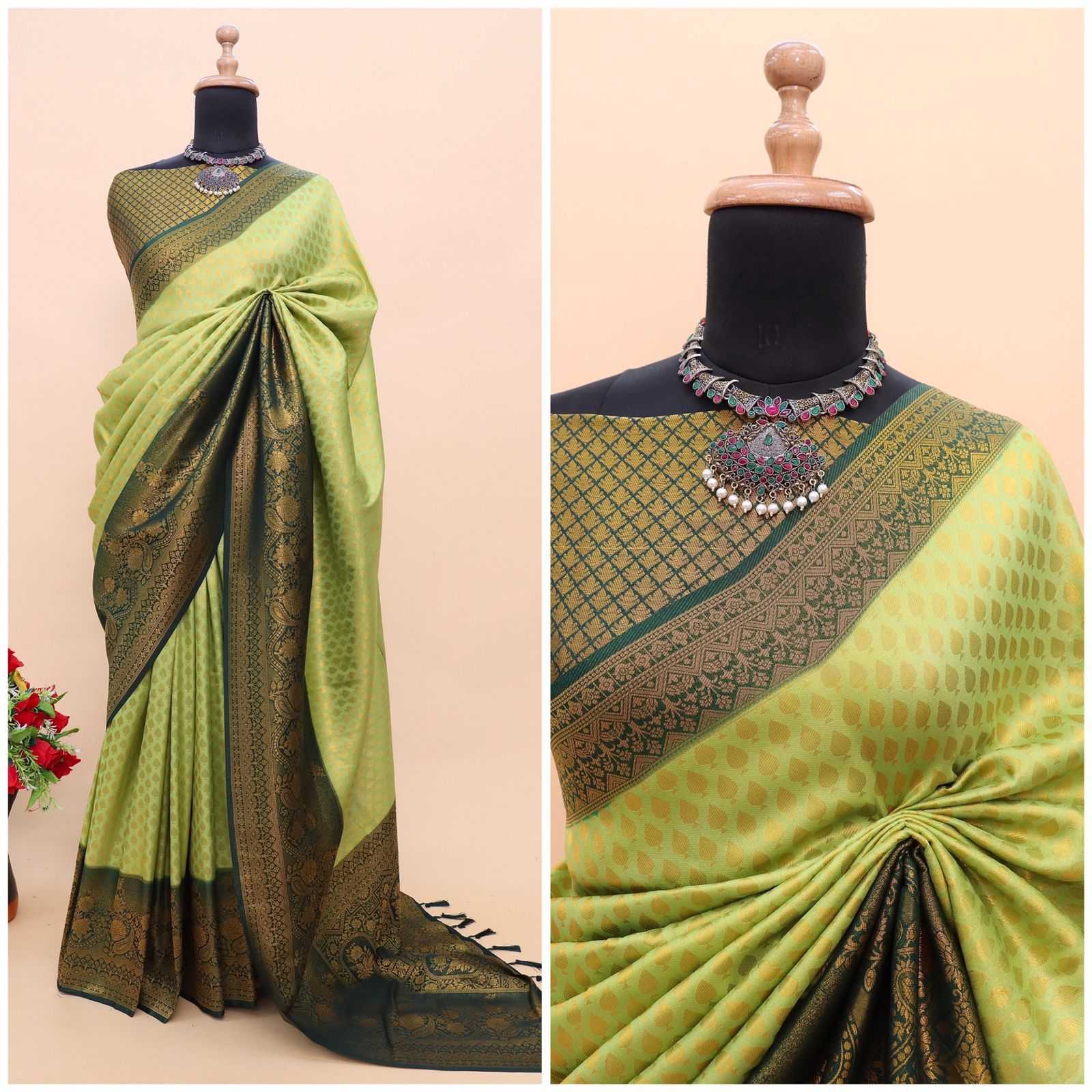 ClothsVilla Parrot Green Kuber Soft Silk Saree with Exquisite Golden Jari Work & Matching Blouse