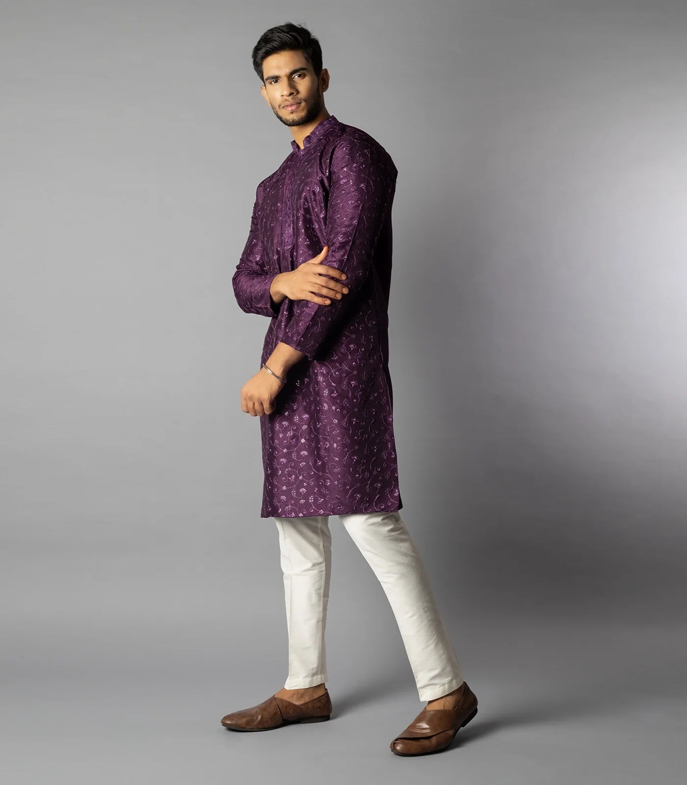 RmKV Royal Violet Tonal Embroidered Kurta With White Straight Fit Pants-Violet