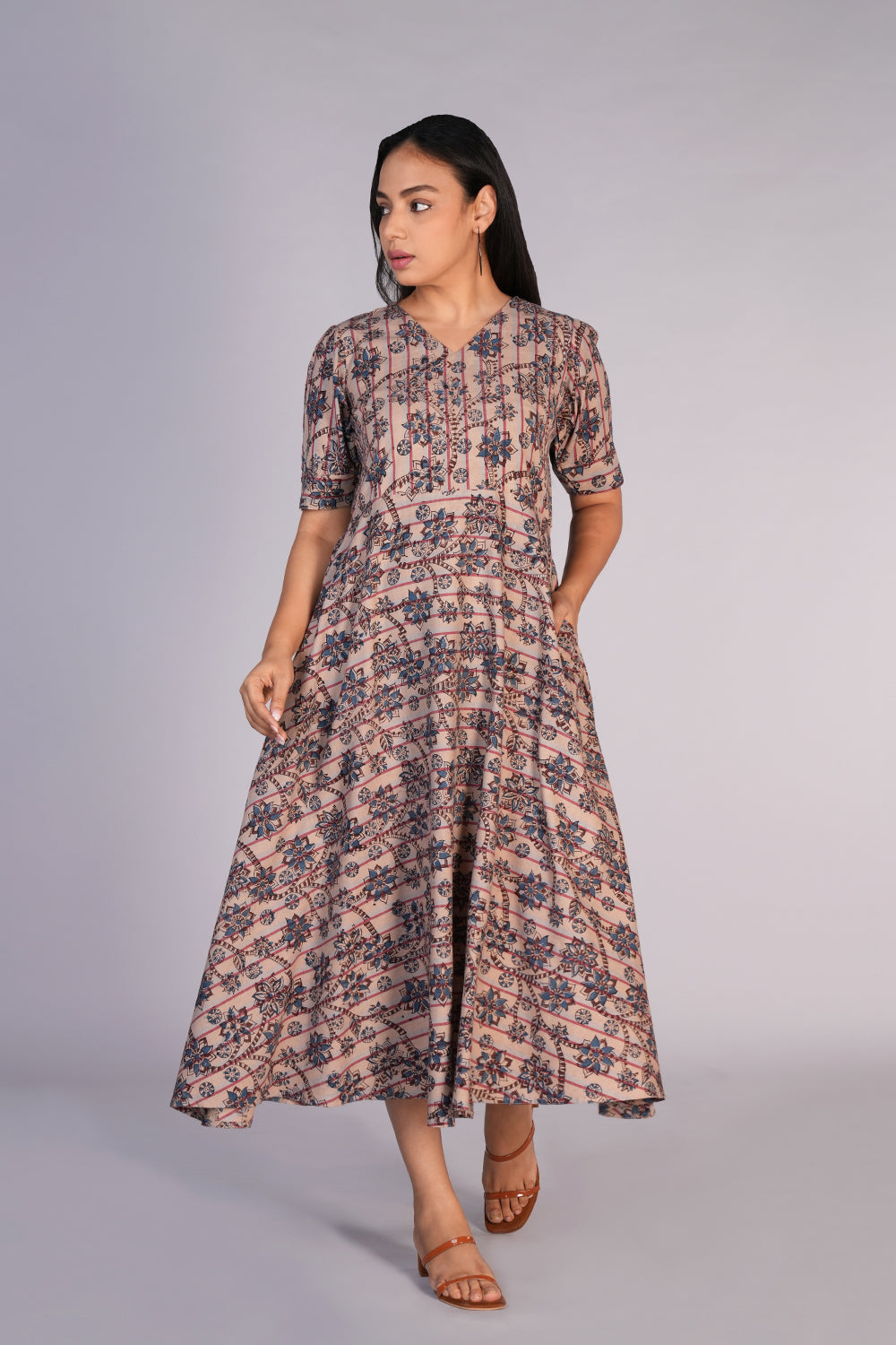 Kalanjali Ethnics Kalamkari handblock printed striped dress