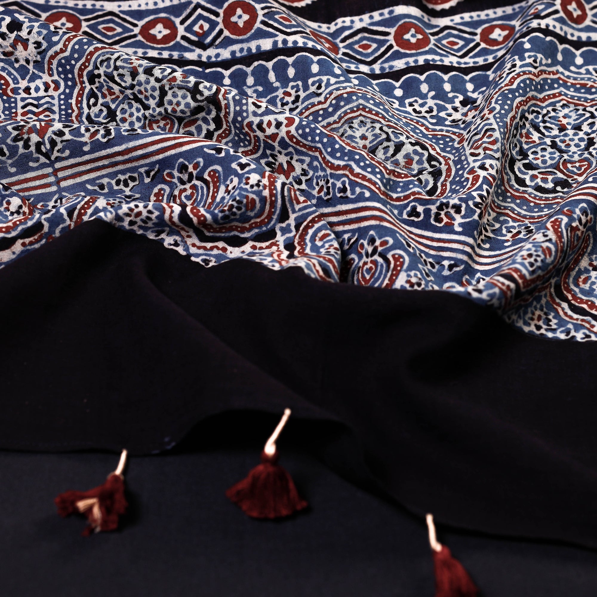 RIYAZ ABDULMAJID KHATRI - AJRAKH Blue - Ajrakh Block Printed Mul Cotton Stole with Tassels - view 2