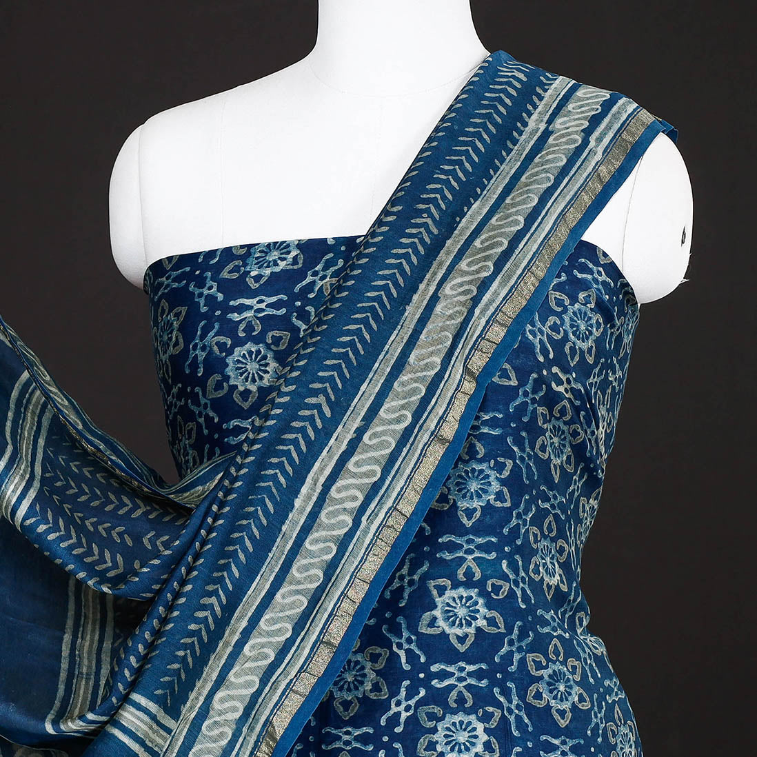 HAVELI CHRONICLES Blue - 3pc Akola Block Printed Chanderi Silk Suit Material Set - view 3