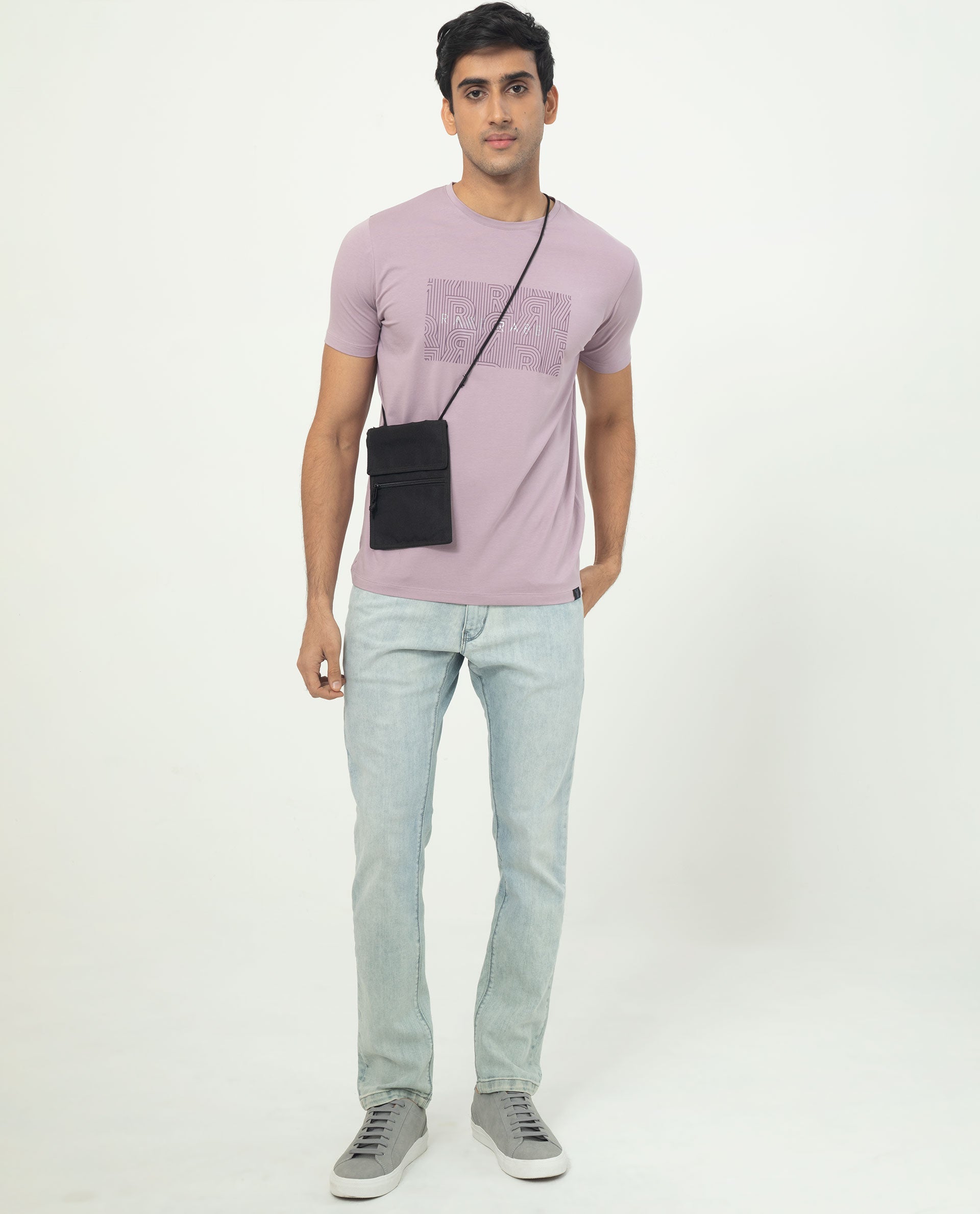 Rare Rabbit Men's Alanet Dusky Pink Crew Neck Half Sleeves Regular Fit Foil HD Print Branding T-Shirt - view 5