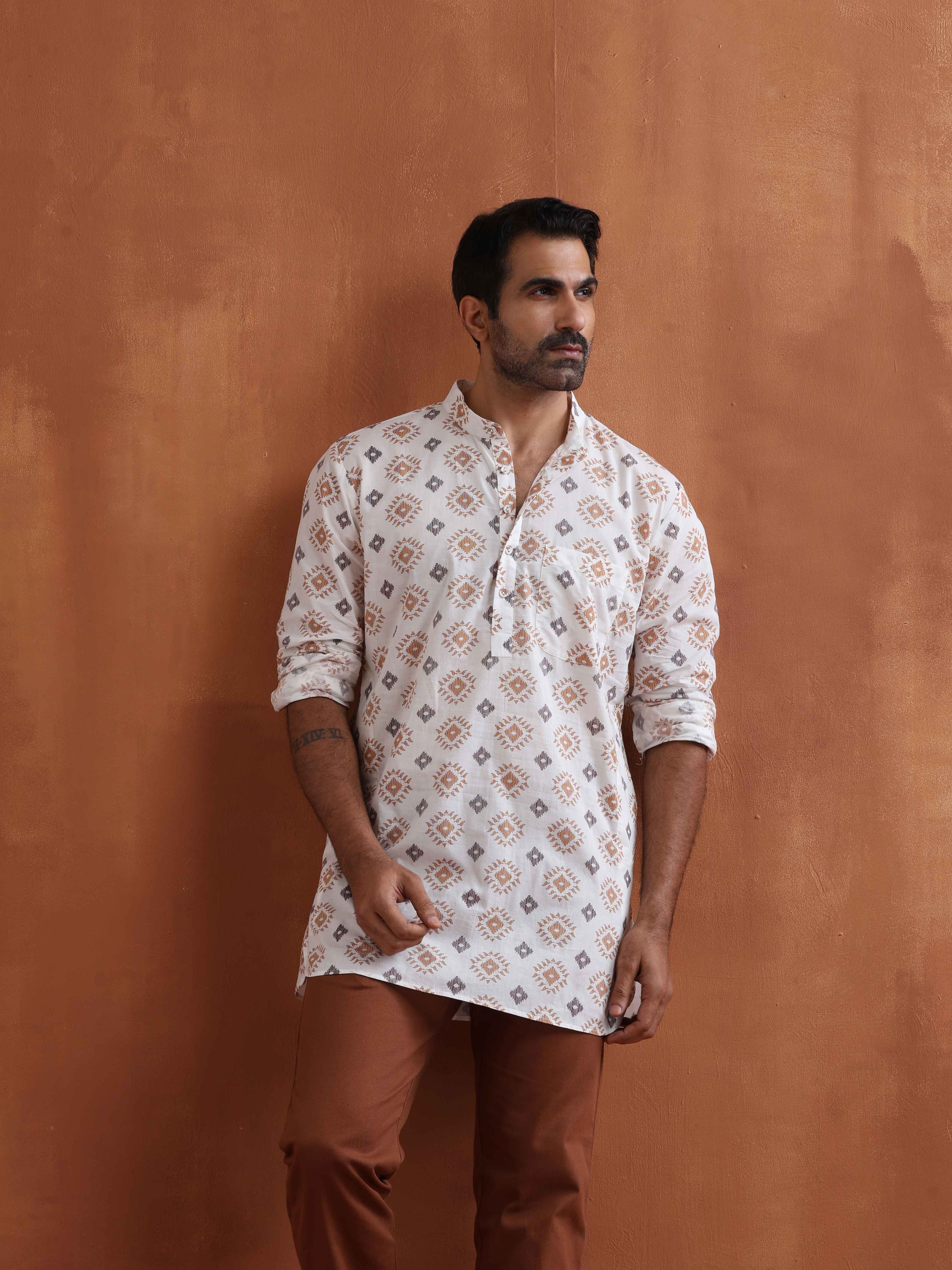 trueBrowns Men's Ivory Printed Short Kurta - view 2