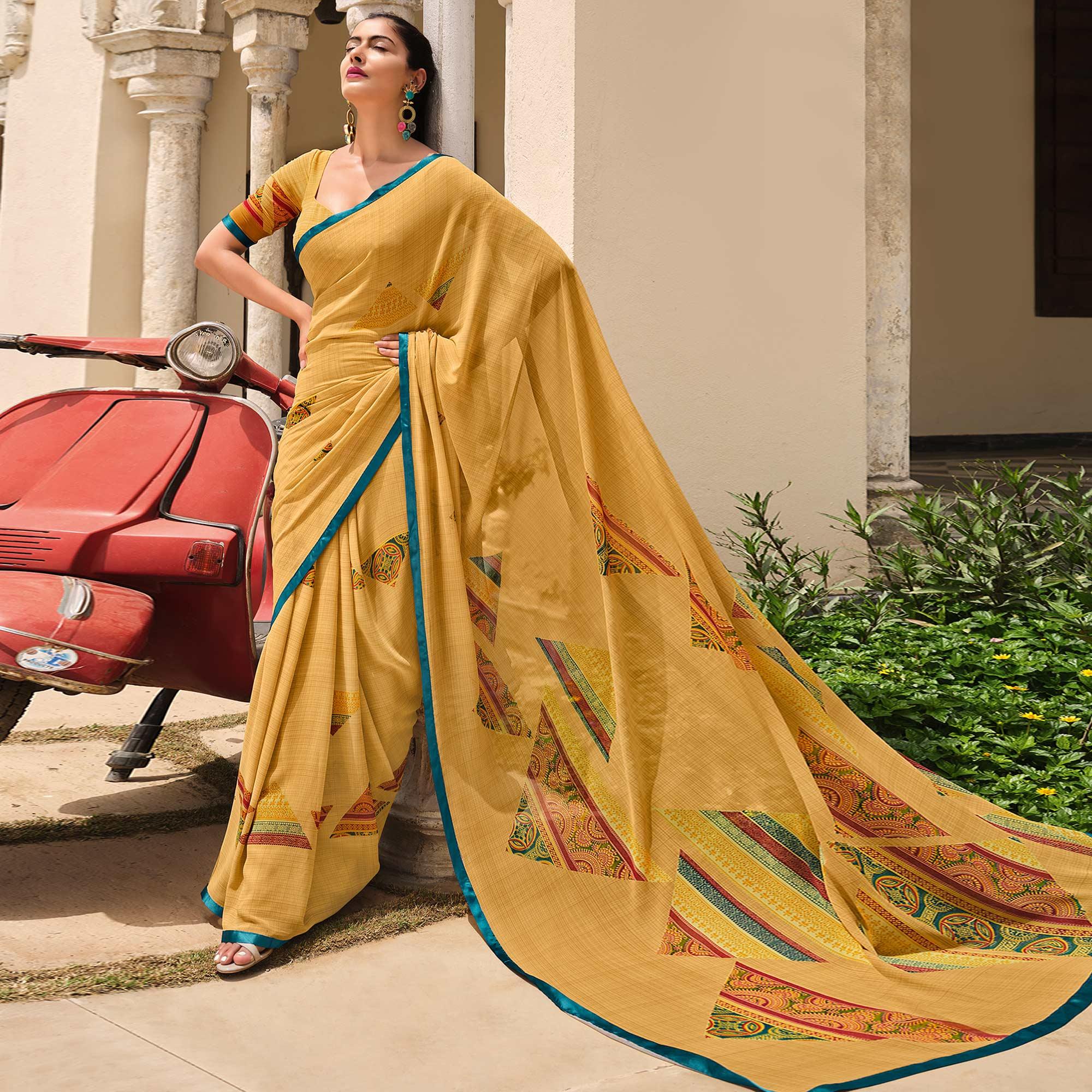 Peachmode Cream Printed Georgette Saree – Women's