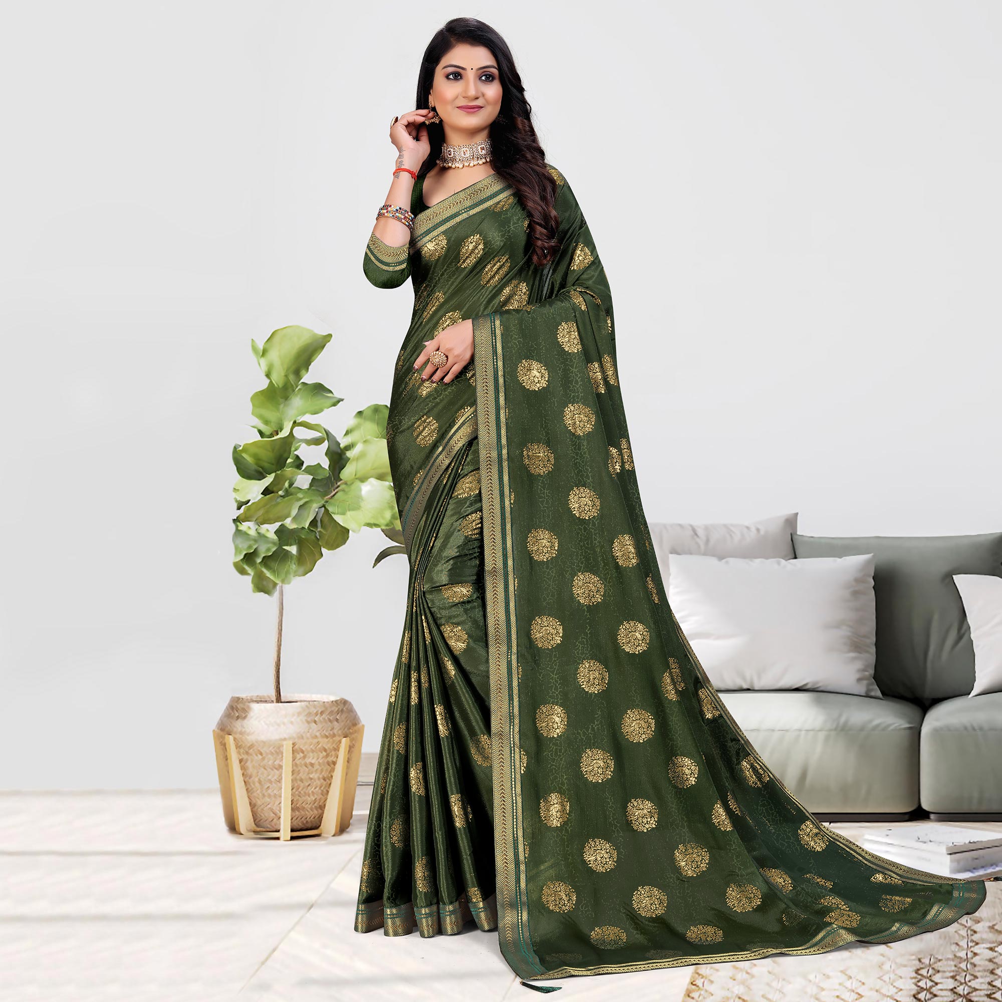 Green sarees – BlackTree green-foil-printed-chiffon-saree-1 – Women's