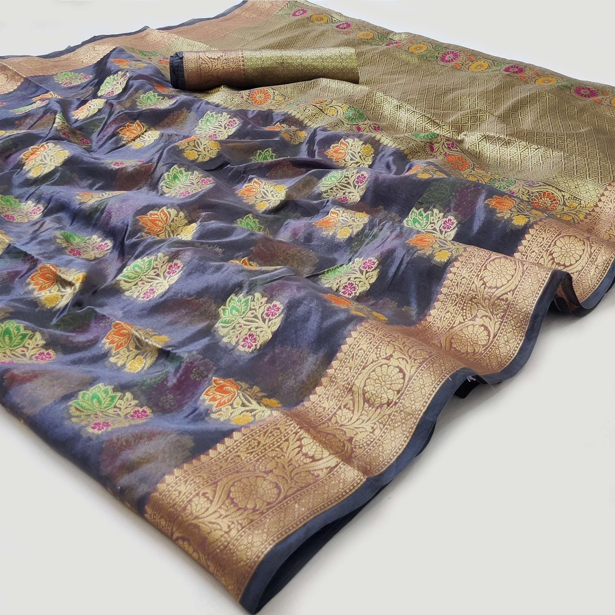 Peachmode Grey Woven Organza Saree – Women's