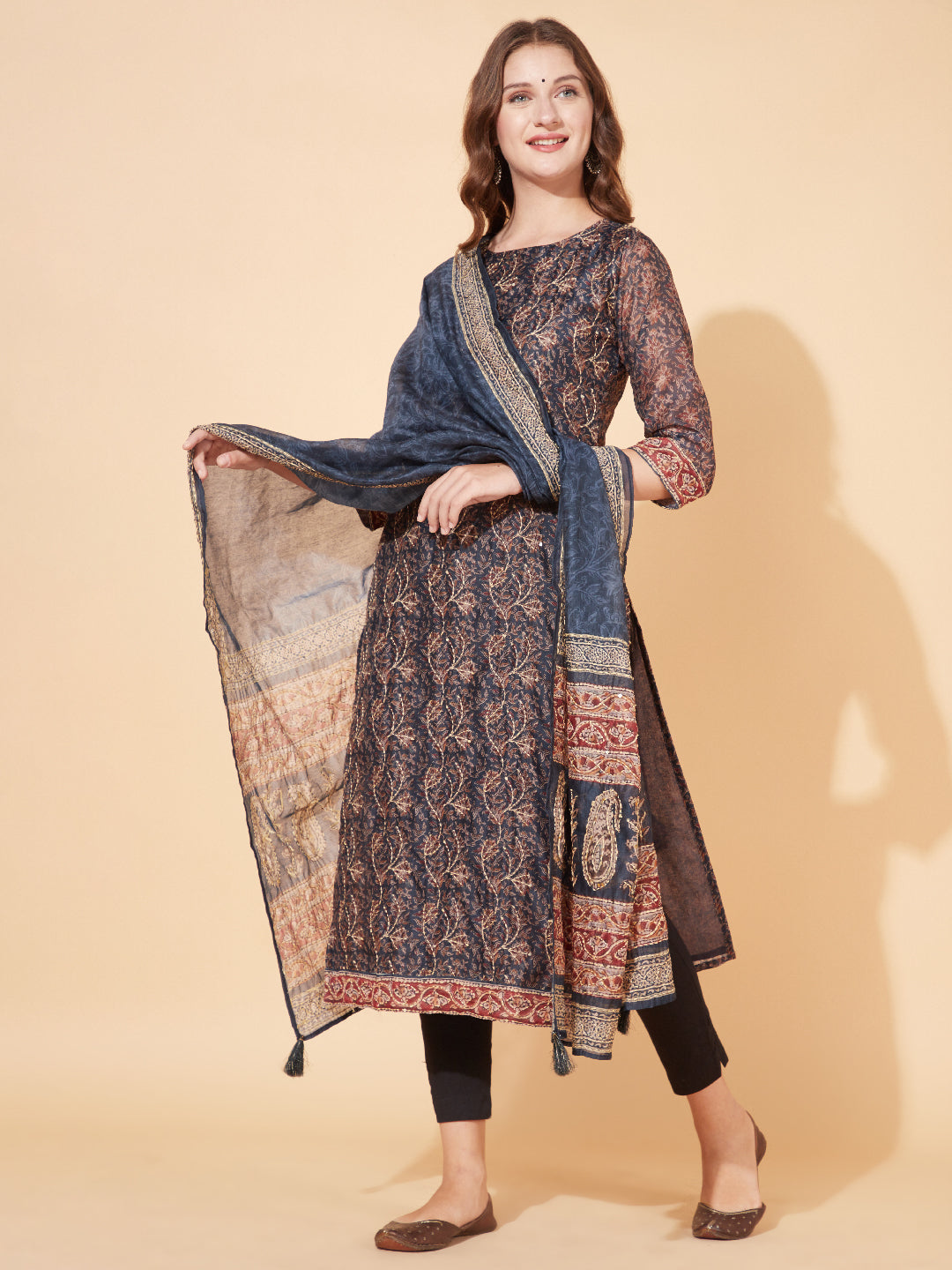 Fashor Floral Printed & Hand Embroidered Straight Kurta with Dupatta - Stone Gray