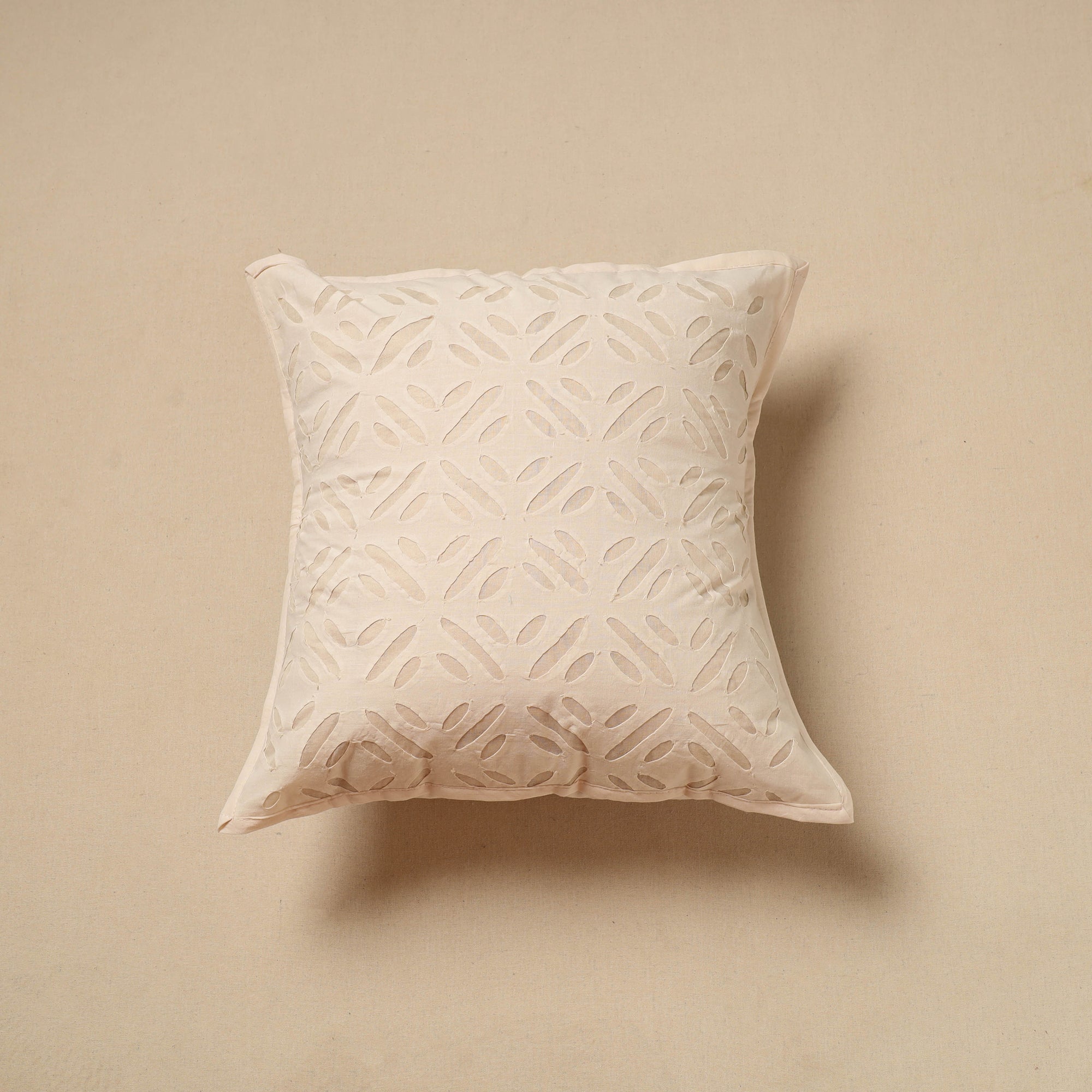 SHADES OF MARUDHARA White - Cut Work Cotton Applique Cushion Cover (16 x 16 in) 08
