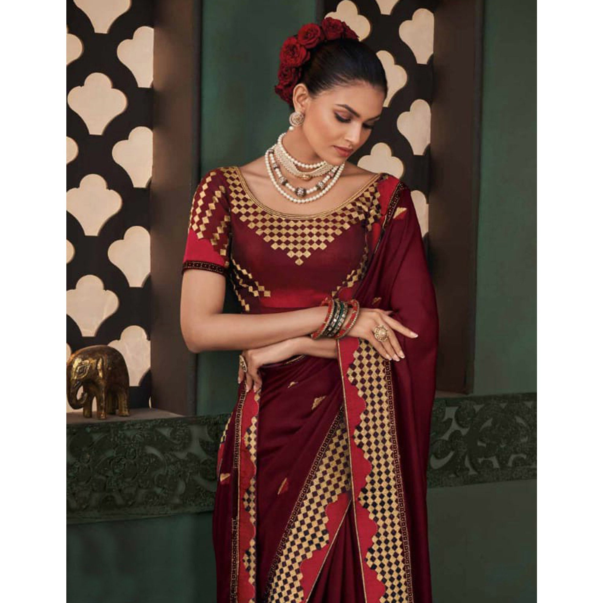 Peachmode Maroon Embroidered Satin Saree – Women's - view 3