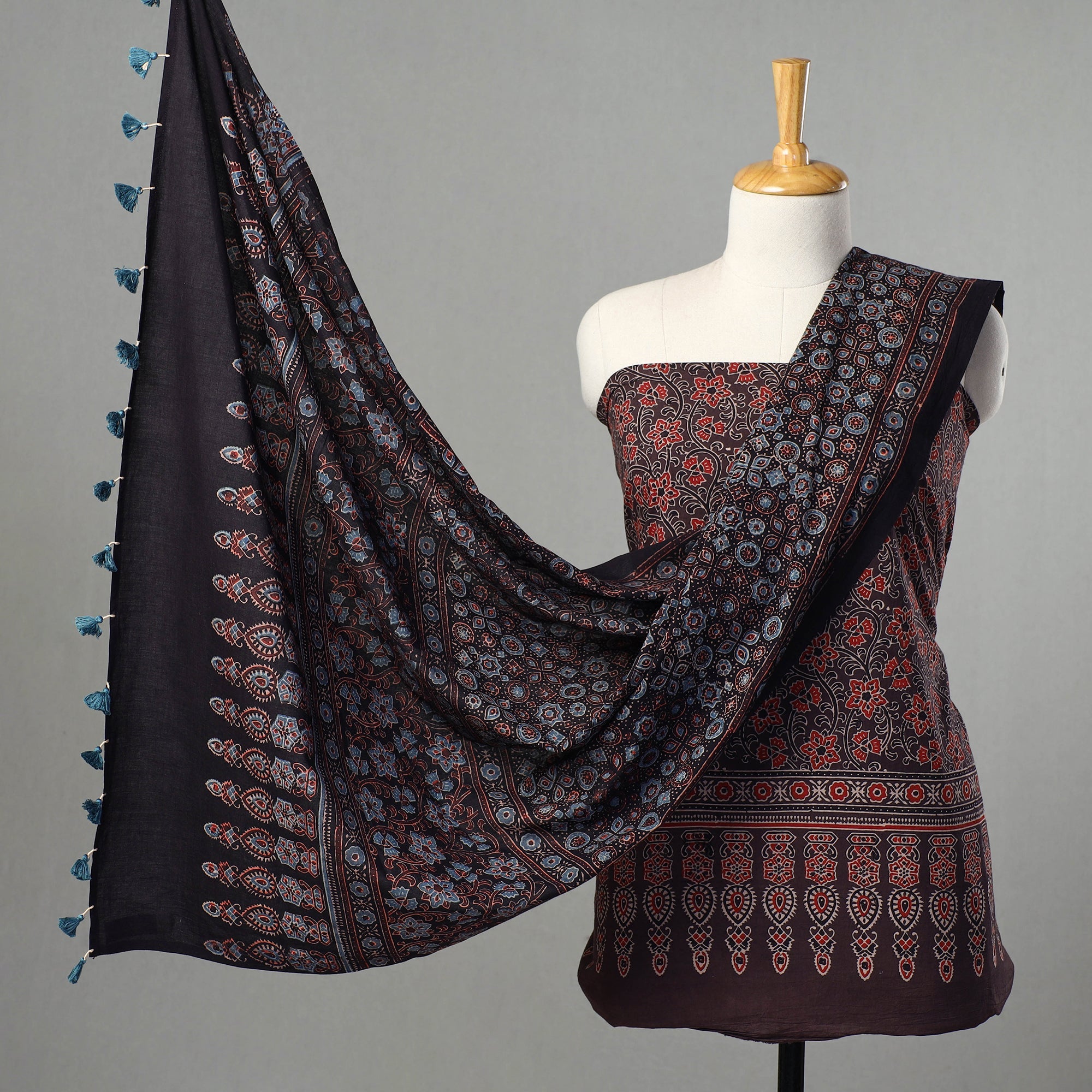 AJRAKH BY JABBAR KHATRI Brown - Kutch Block Print Cotton 3pc Ajrakh Dress Material 01