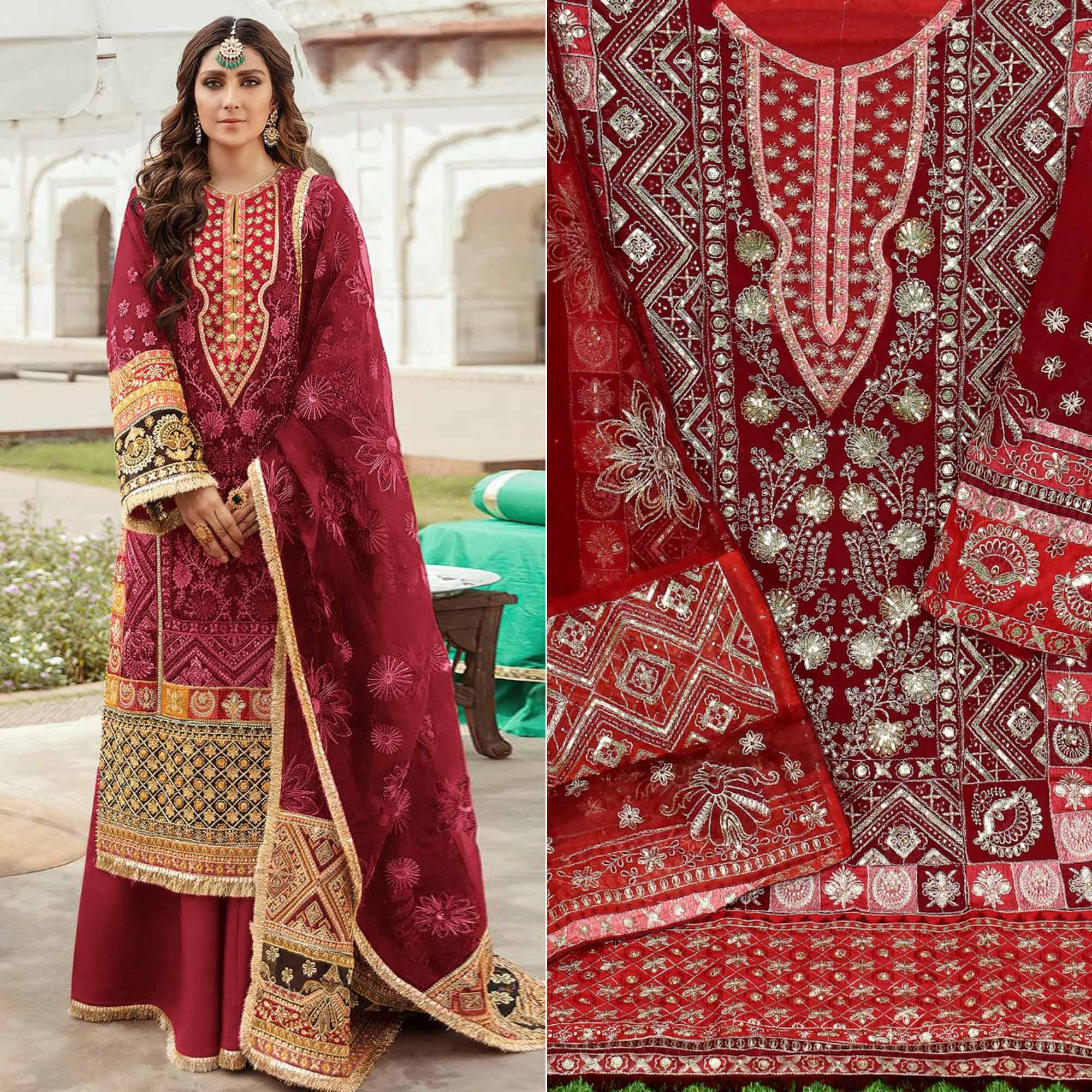Peachmode Maroon Embroidered Georgette Pakistani Suit