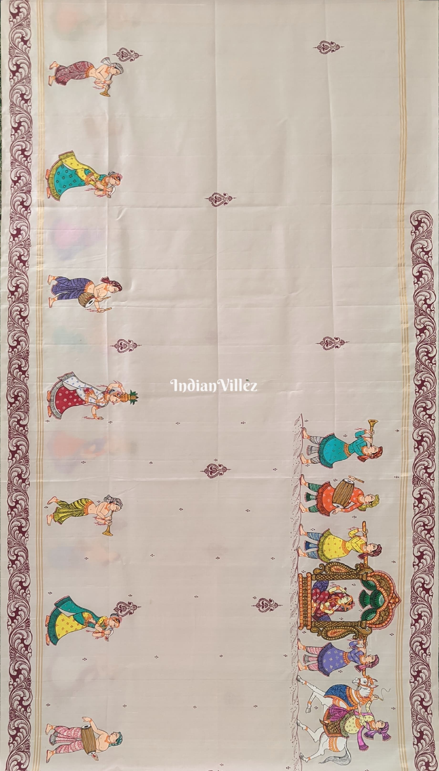 IndianVillèz Red Mustard Yellow Marriage Theme Hand-Painted Pattachitra Saree - view 2