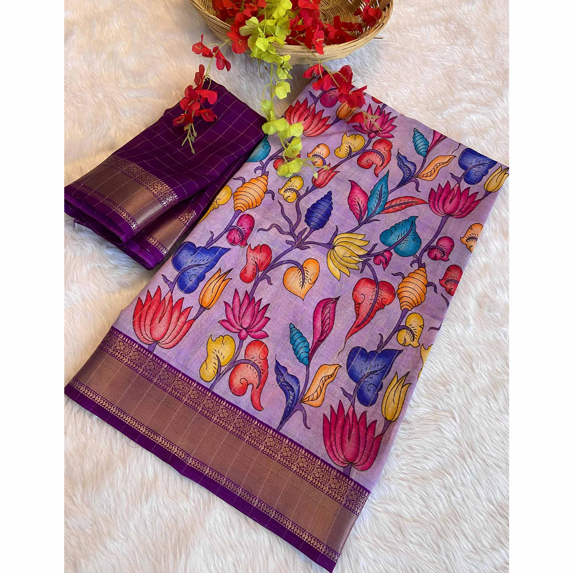 Peachmode Lavender Floral Printed Dola Silk Saree With Zari Border - view 3