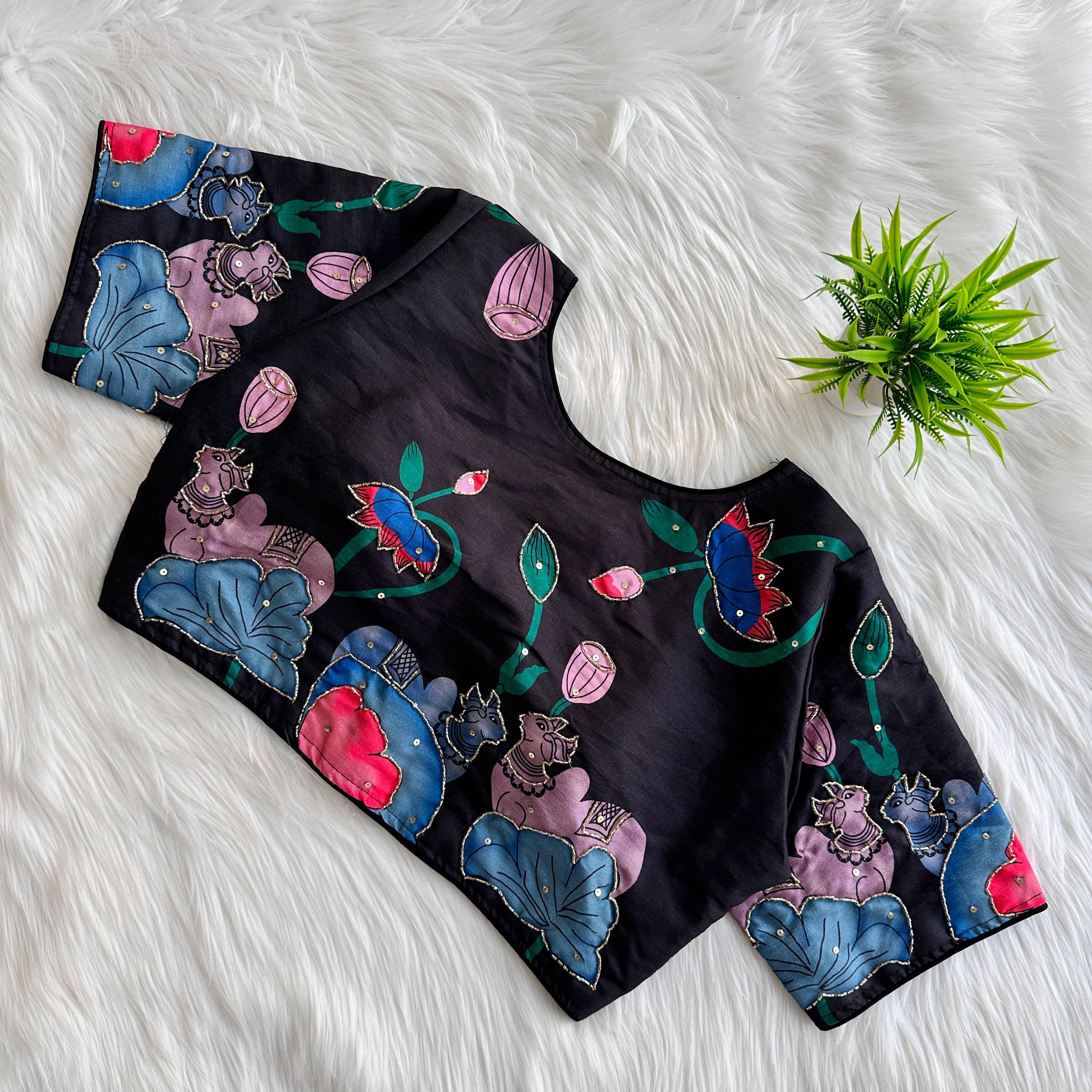 ClothsVilla Black Pure Silk Blouse with Decent Print and Antique Handcrafted Work