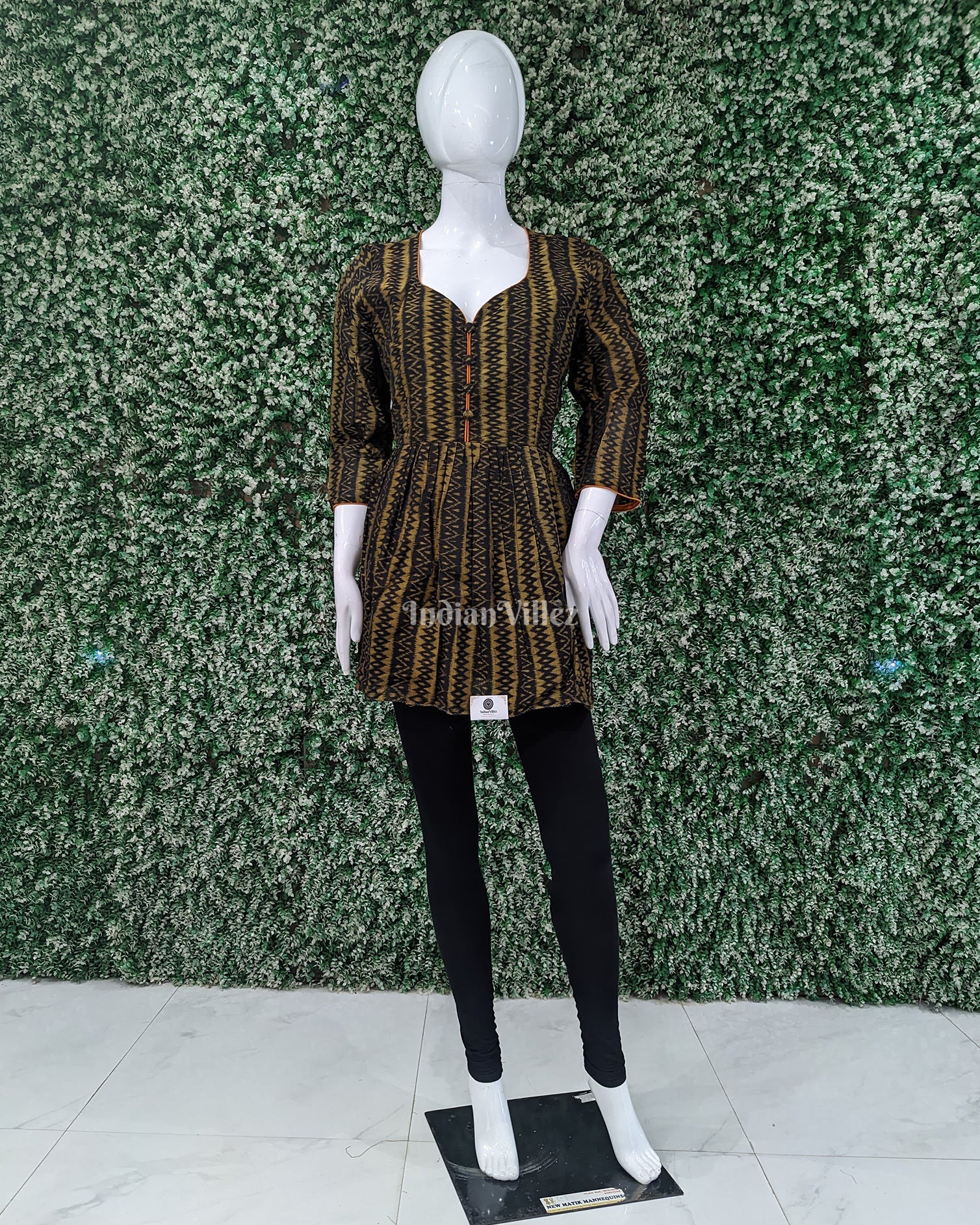 IndianVillèz Mustard Yellow Black Sambalpuri Odisha Ikat Cotton Frill Top for Women