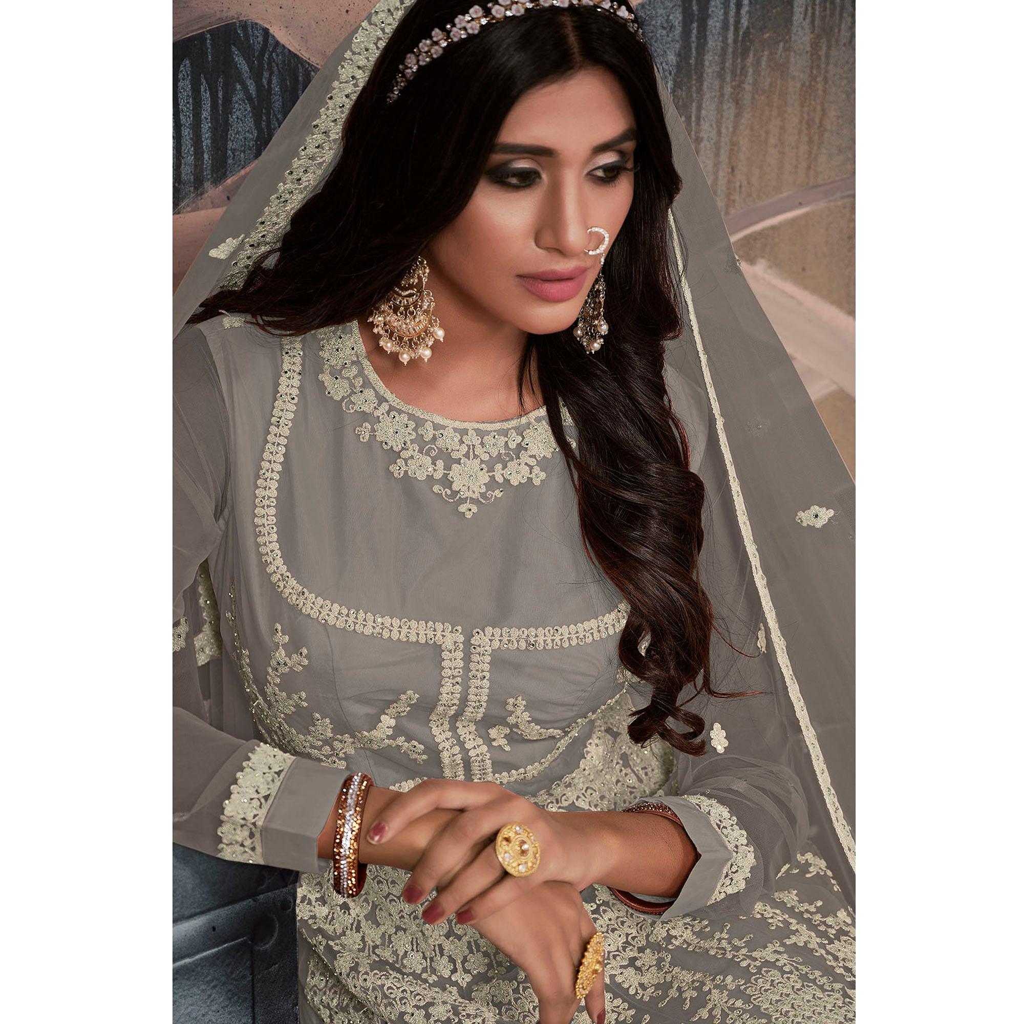 Peachmode Seller Grey Partywear Embellished With Embroidered Net Gown - view 2