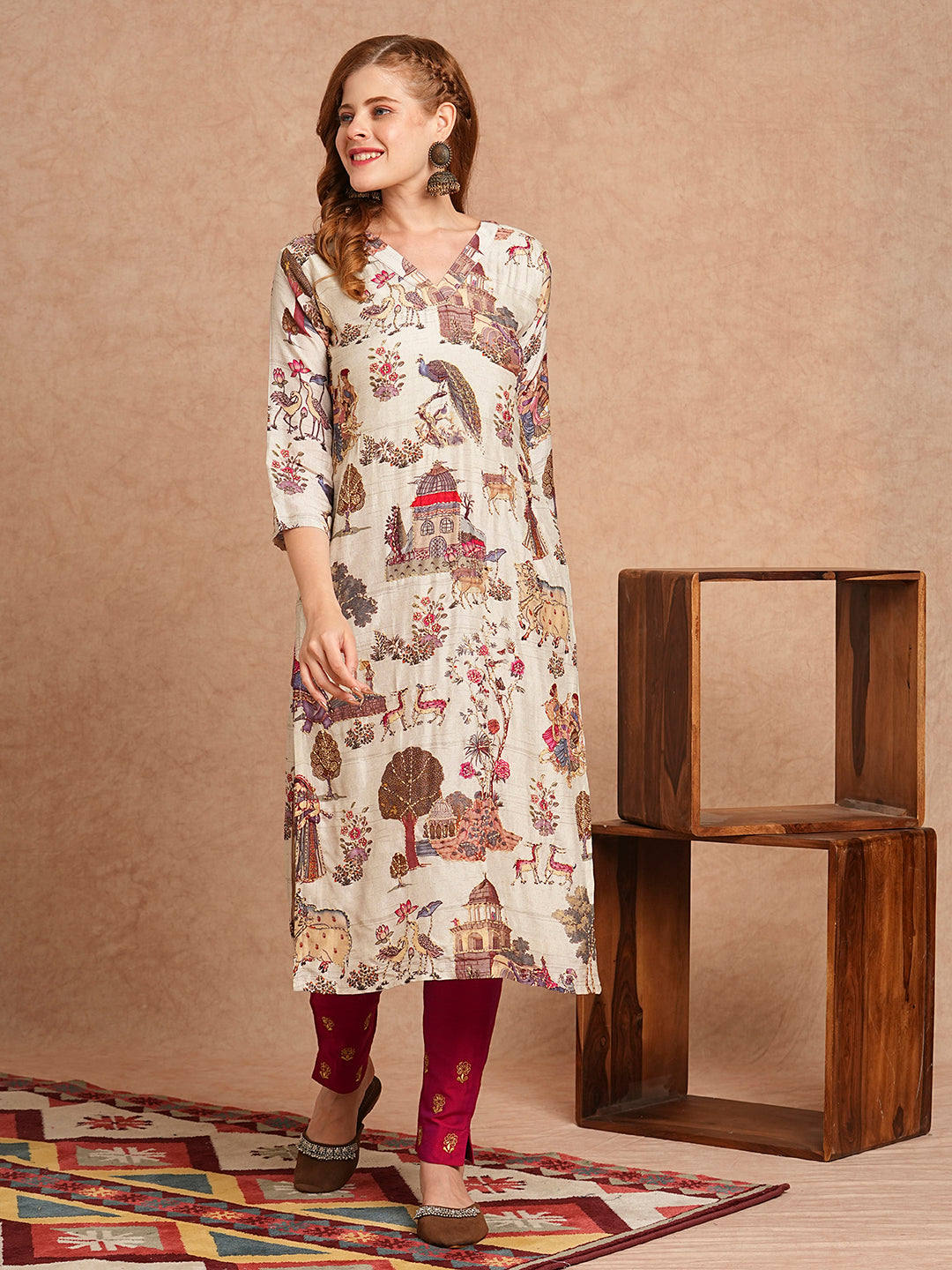 FASHOR Ethnic & Floral Printed & Kantha Embroidered Straight Fit Kurta - Off White - view 3