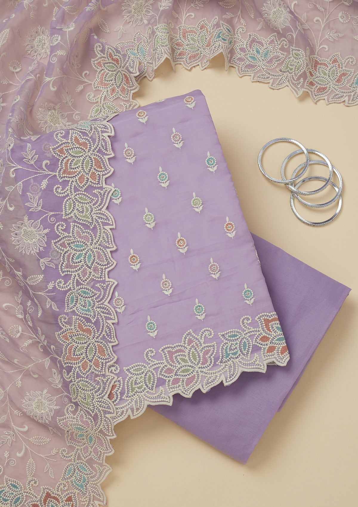 Koskii Lavender Threadwork Organza Unstitched Salwar Suit