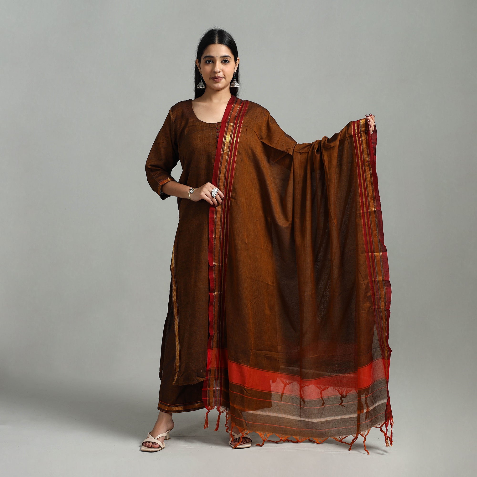 ITOKRI CASUALS Brown - Cotton Dharwad Kurta Set with Palazzo & Dupatta 42
