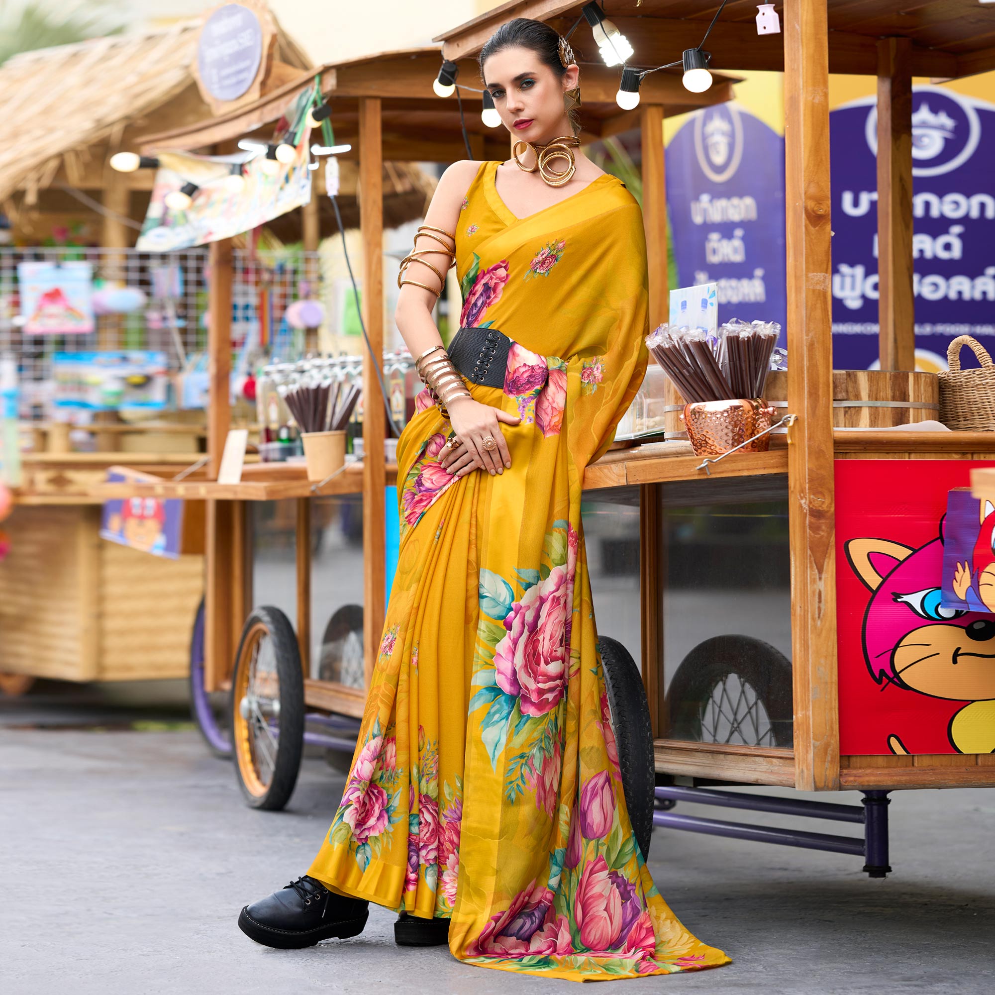Peachmode Mustard Floral Printed Georgette Saree