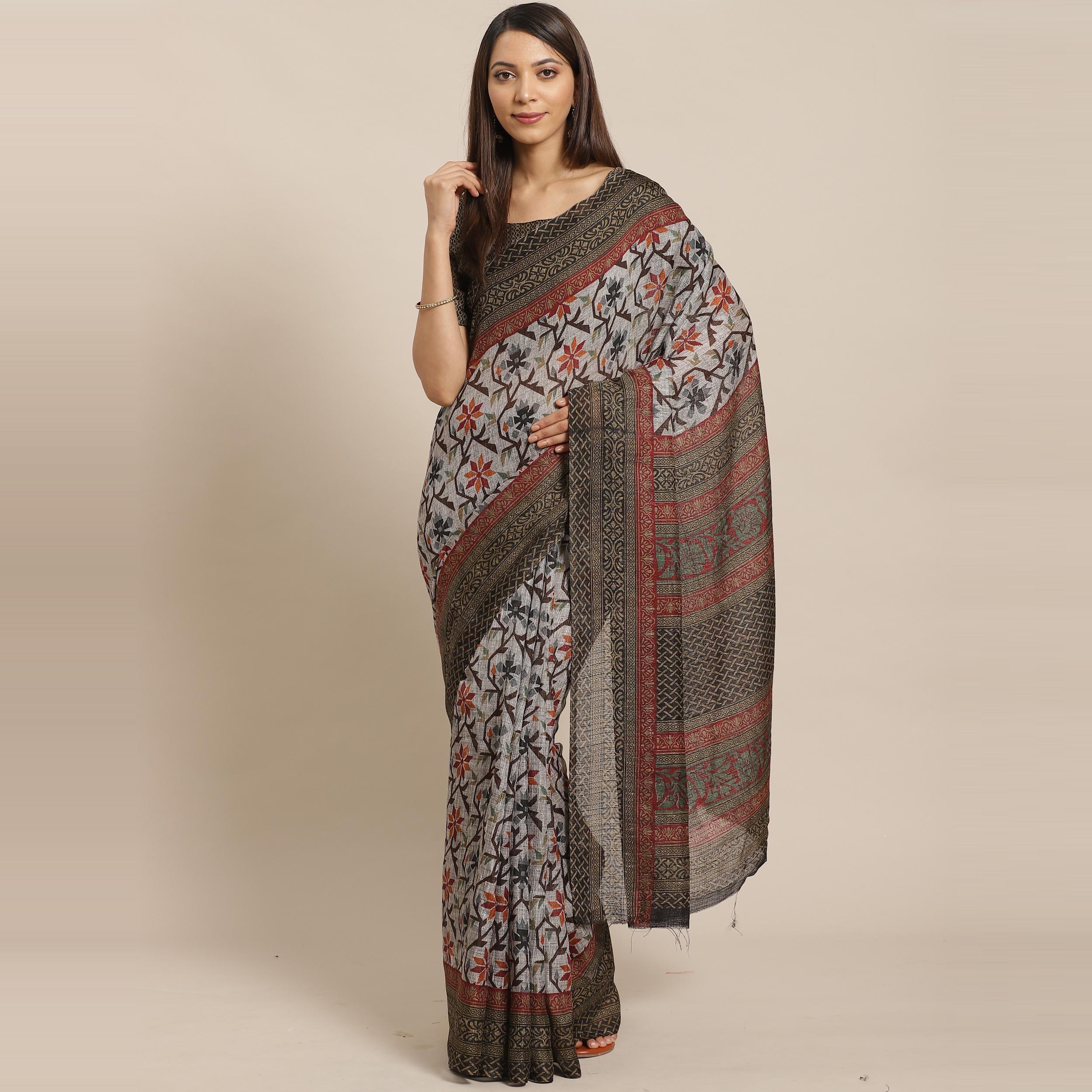 Peachmode Intricate Grey - Black Colored Casual Wear Printed Silk blend Saree