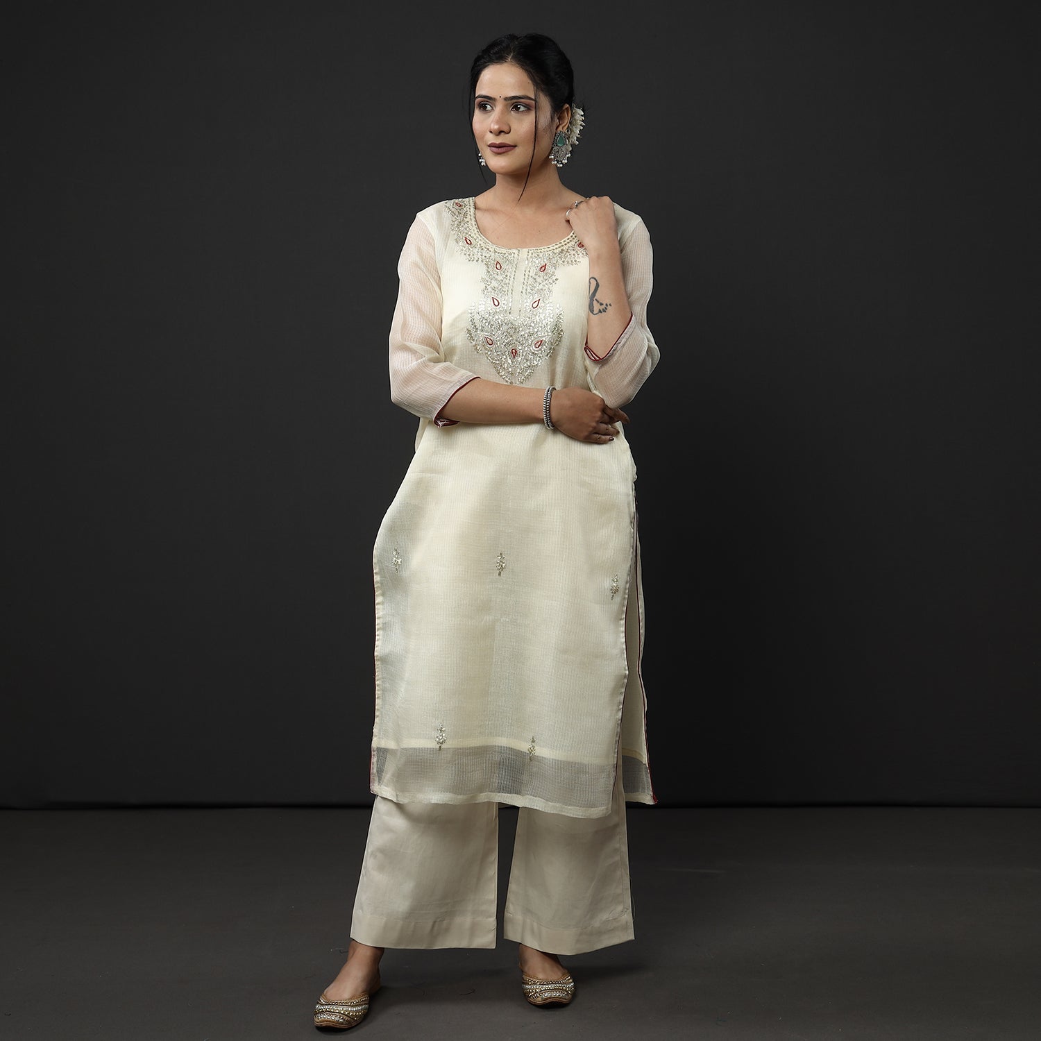 ITOKRI CASUALS Beige - Cream Kota Doria Pure Silk Kurta with Palazzo & Dupatta Set - view 3