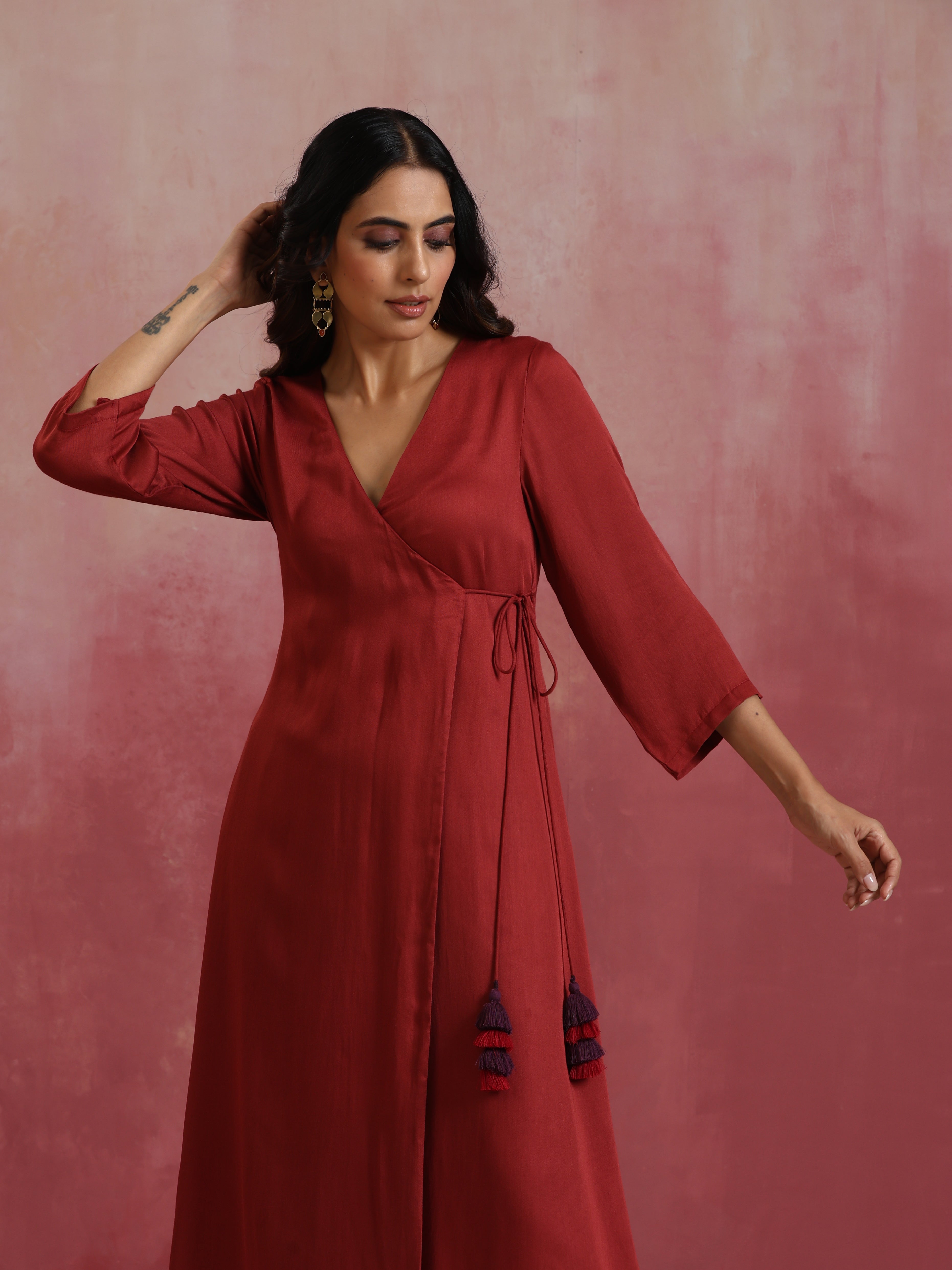 trueBrowns Maroon Modal Angrakha Kurta Set - view 4