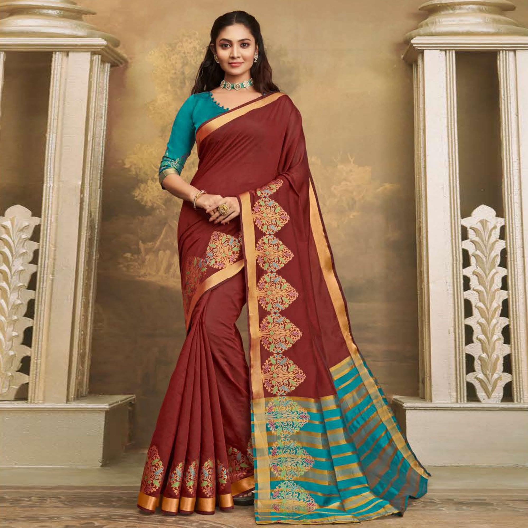 Peachmode Ethnic Maroon Colored Festive Wear Woven Cotton Handloom Saree
