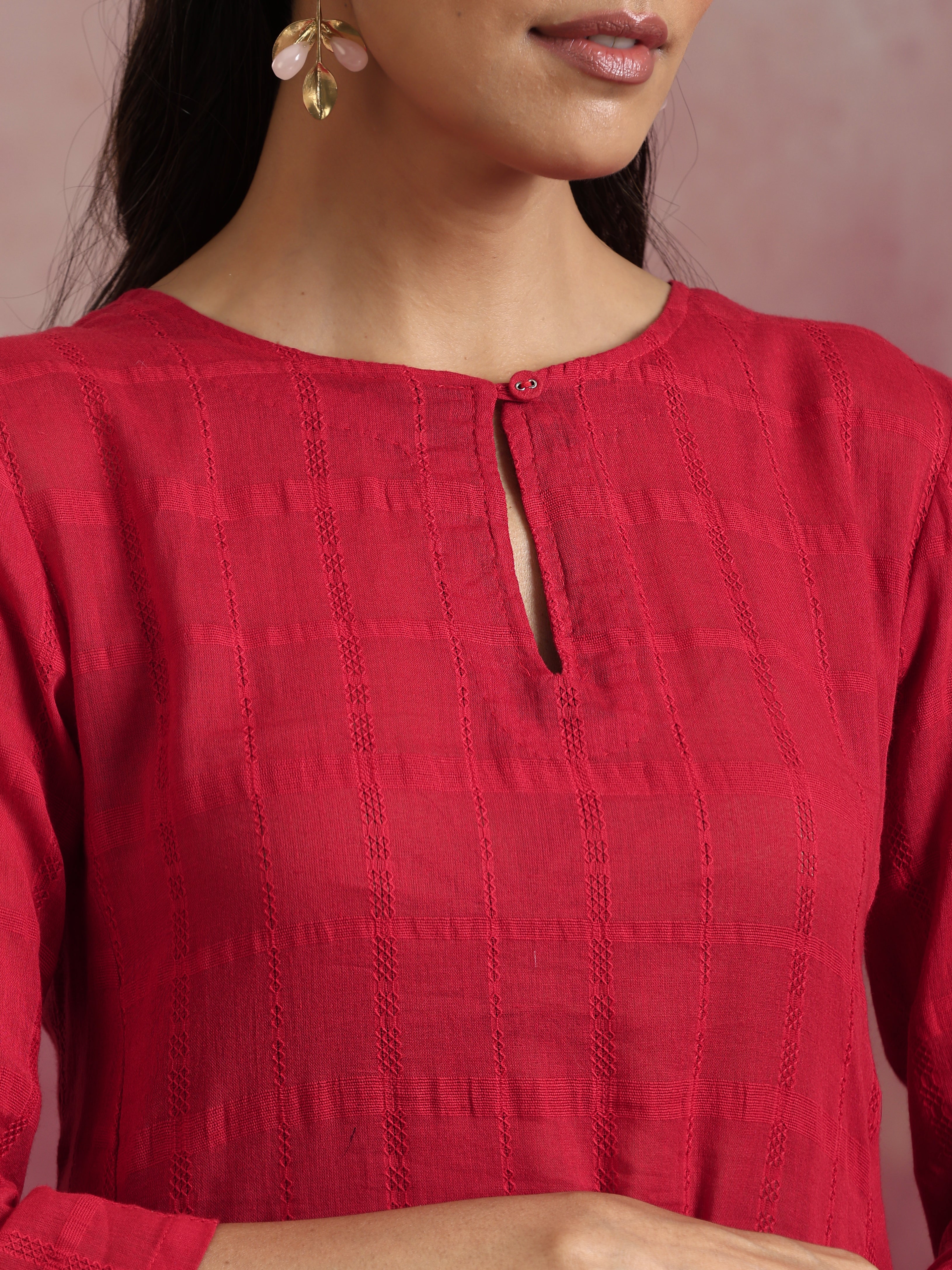 trueBrowns Red Cotton Dobby Flared Kurta Set - view 4