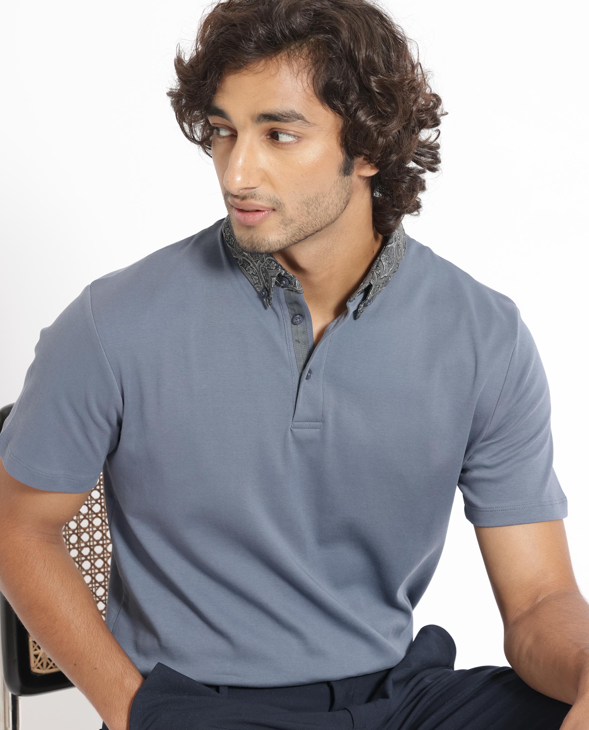 Rare Rabbit Men's Ringer-1 Grey Cotton Fabric Printed Collar Neck Half Sleeves Polo T-Shirt - view 8
