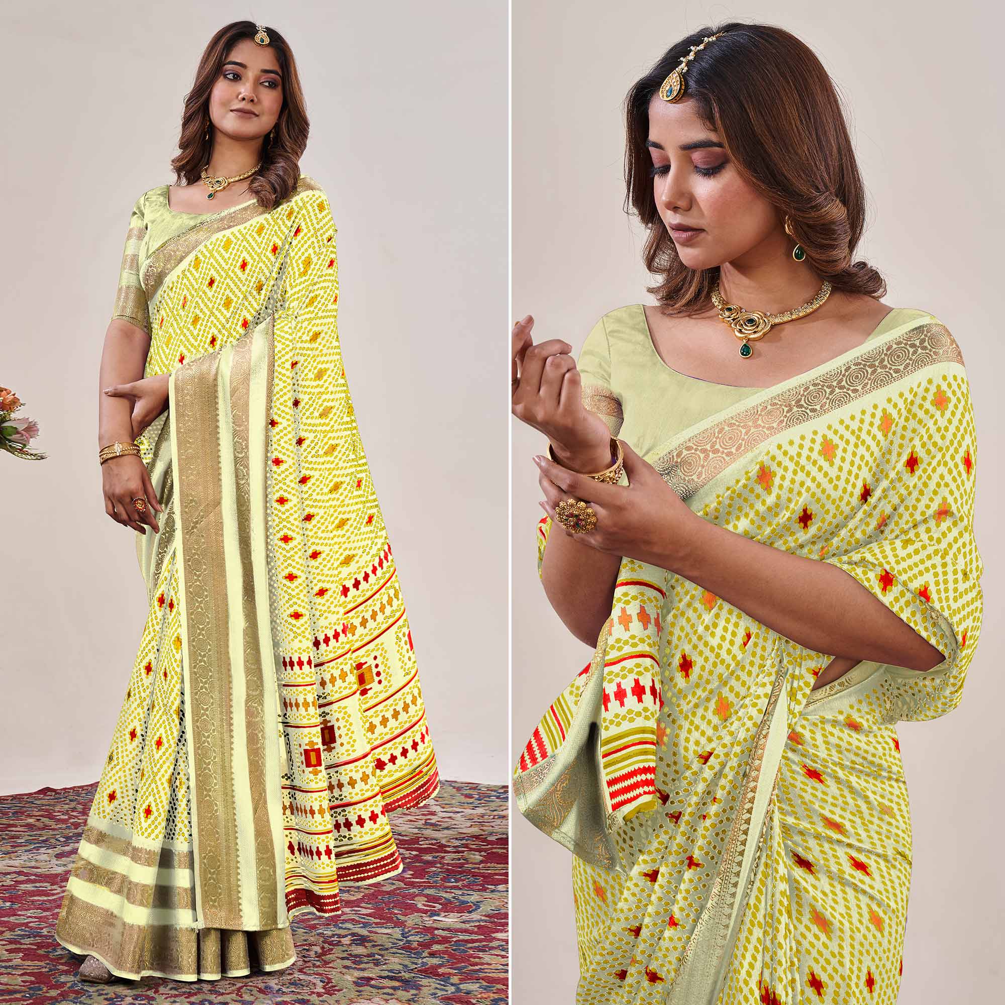 Peachmode Lemon Yellow Ikkat Printed With Jacquard Border Cotton Silk Saree