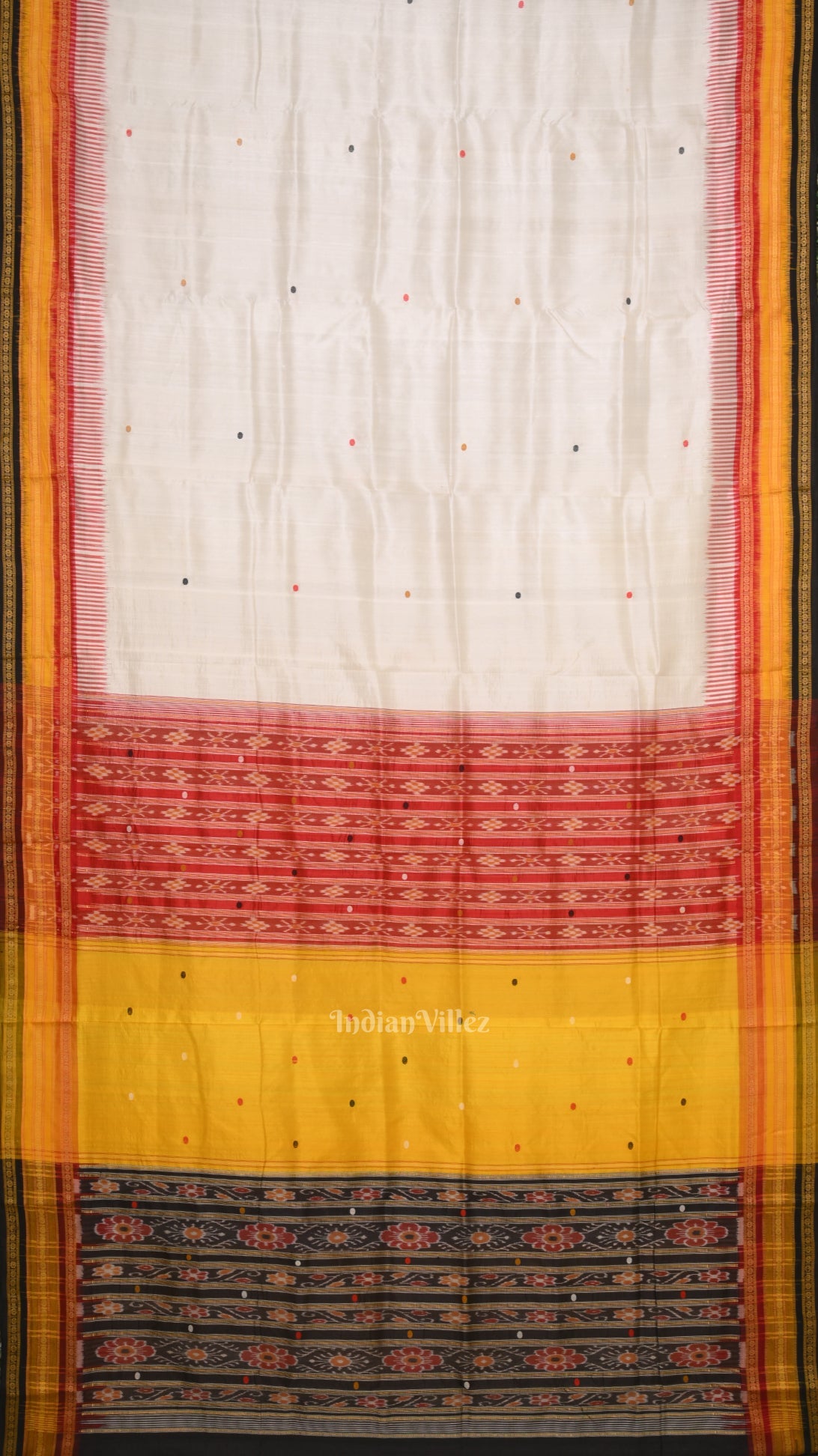 IndianVillèz White with Multi Color Kathiphera Odisha Ikat Khandua Silk Saree
