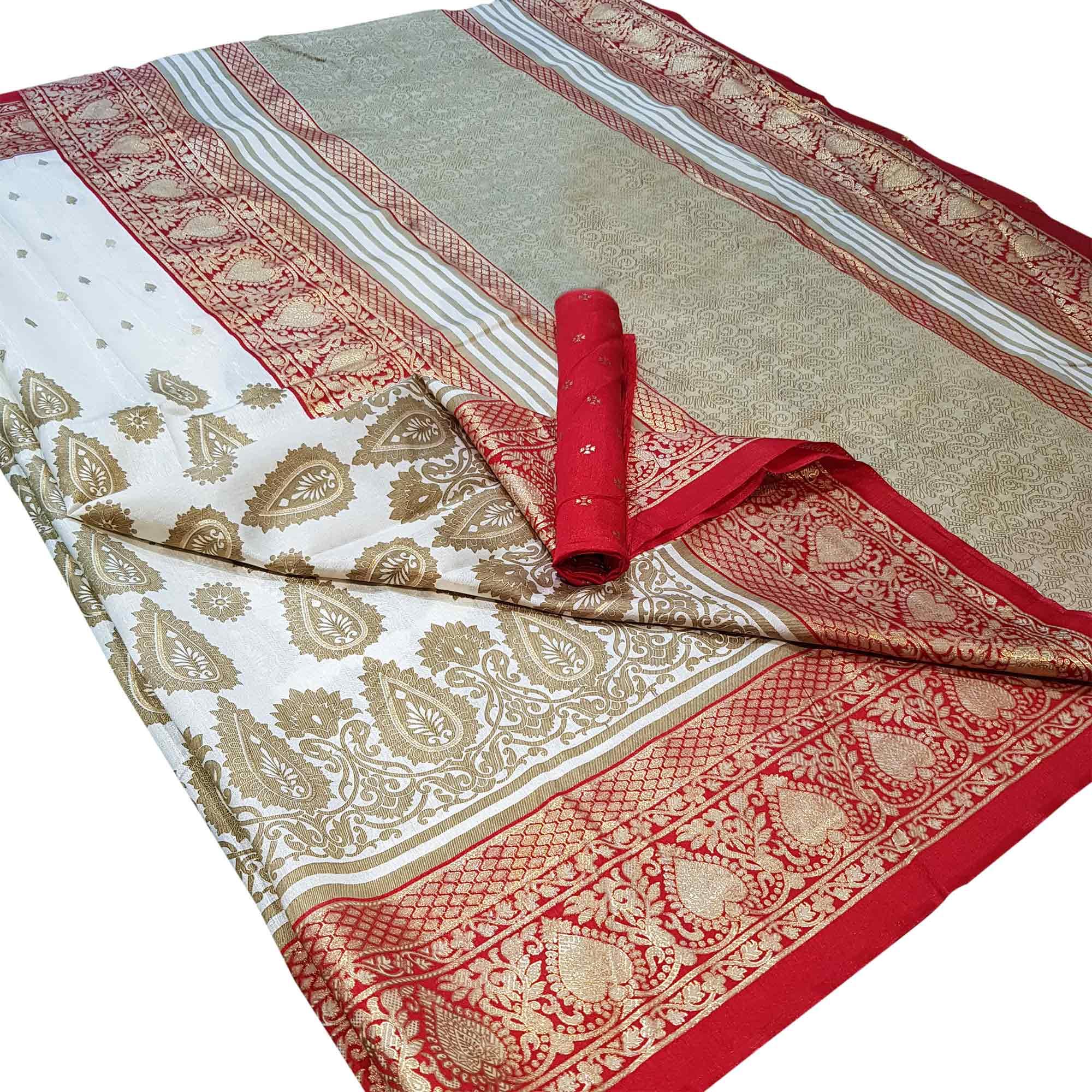 Peachmode Impressive White Colored Festive Wear Foil Printed Silk Saree