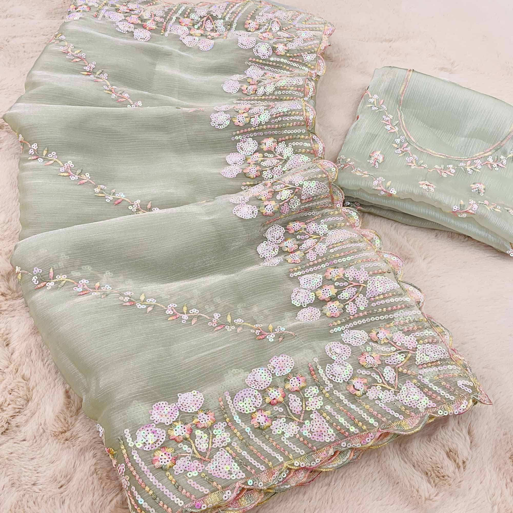 Peachmode Light Pista Green Sequins Embroidered Chiffon Saree