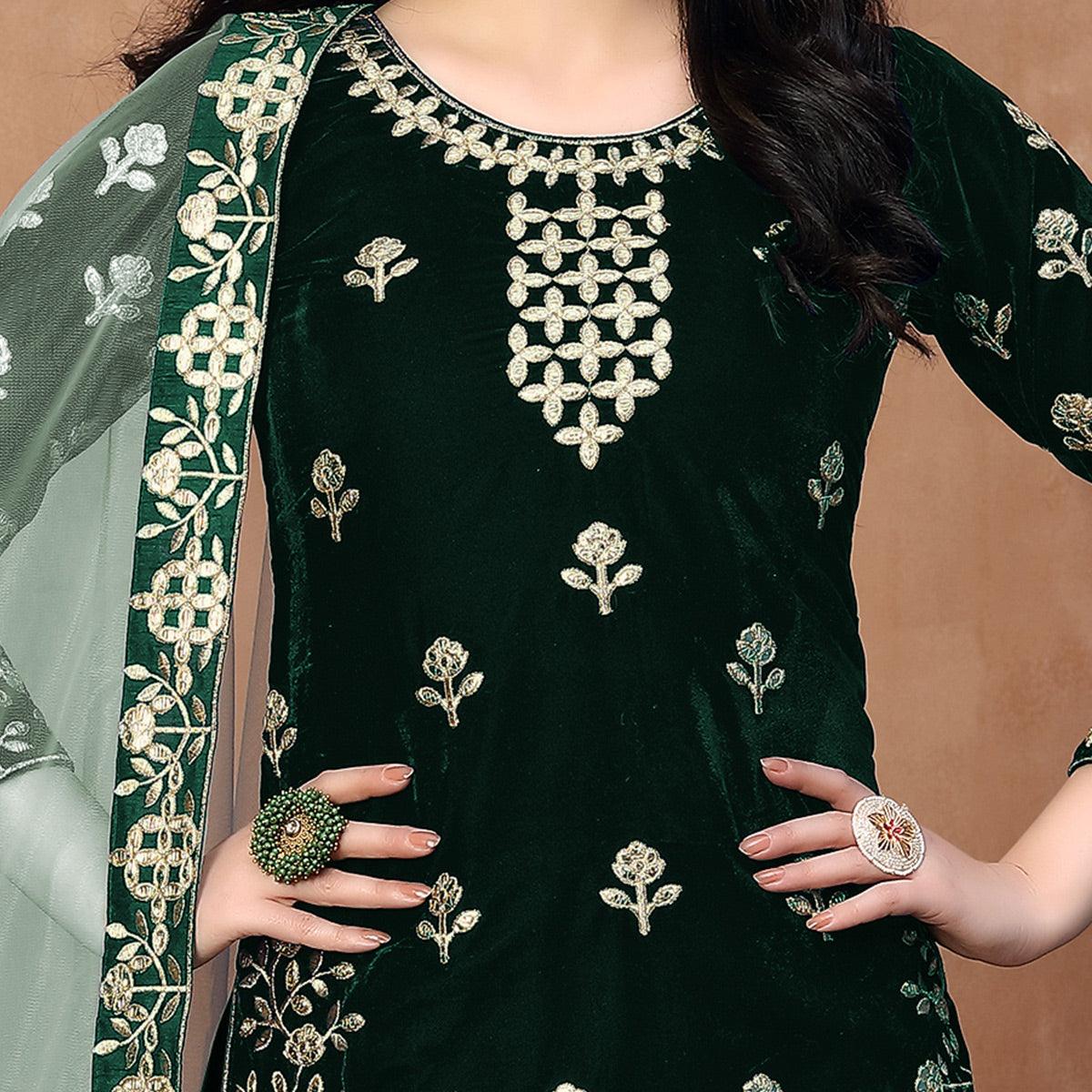 Peachmode Elegant Green Coloured Partywear Mirror Embroidered Velvet Patiala Suit - view 2