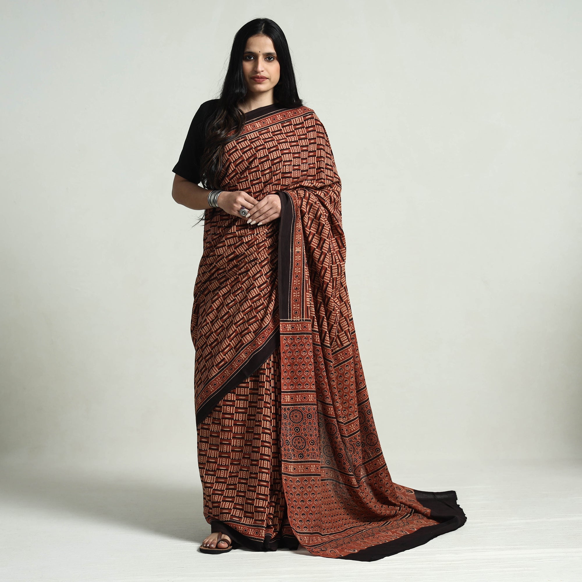 KACHCHH JI CHHAAP Brown - Natural Dyed Hand Block Print Cotton Ajrakh Saree