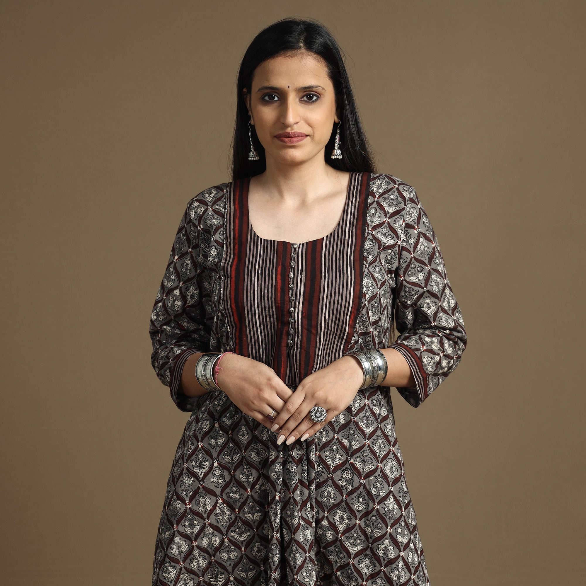 ITOKRI CASUALS Brown - Bagru Hand Block Printed Cotton A-Line Long Kurta