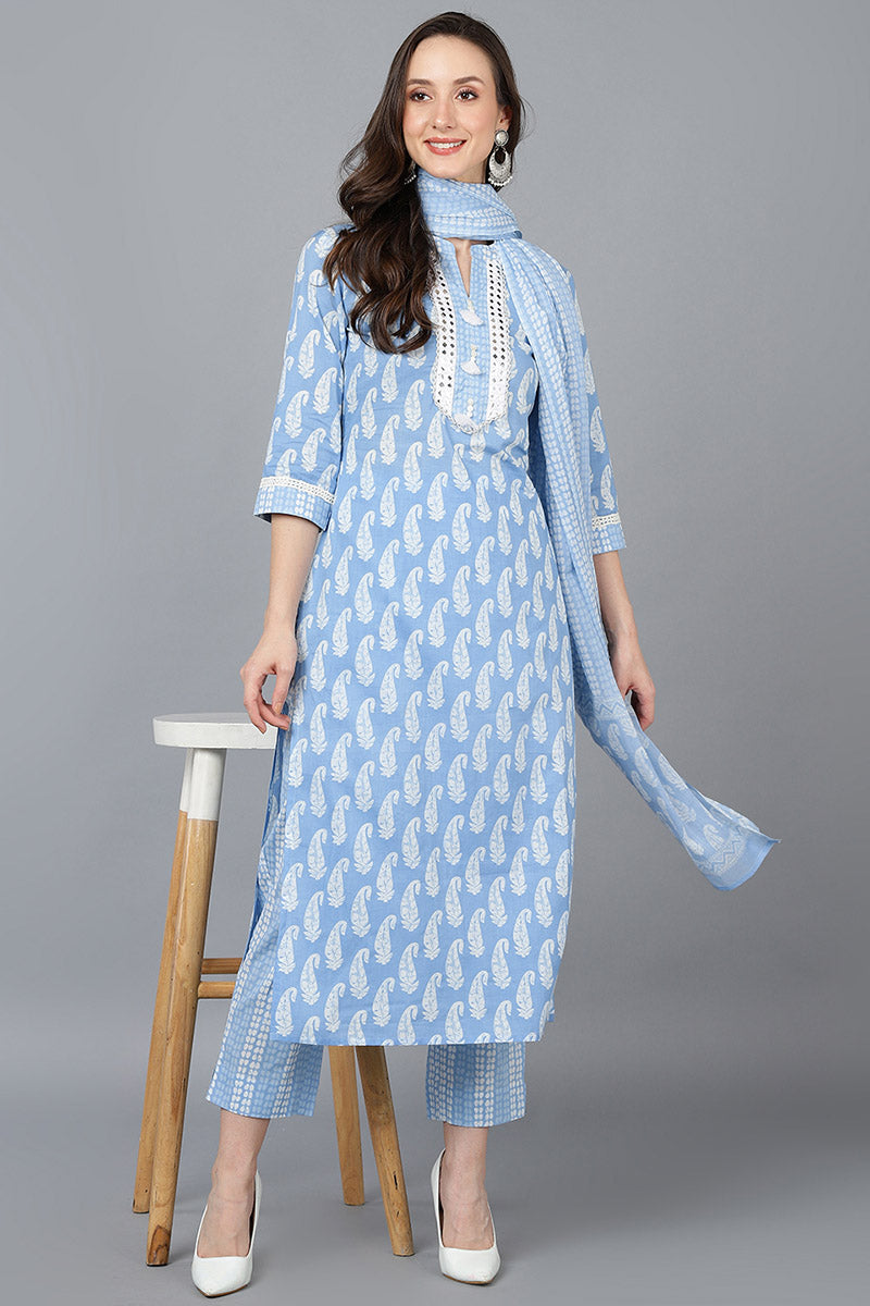 Ahika Blue Cotton Straight Kurta Pant With Dupatta VKSKD1628 - view 11