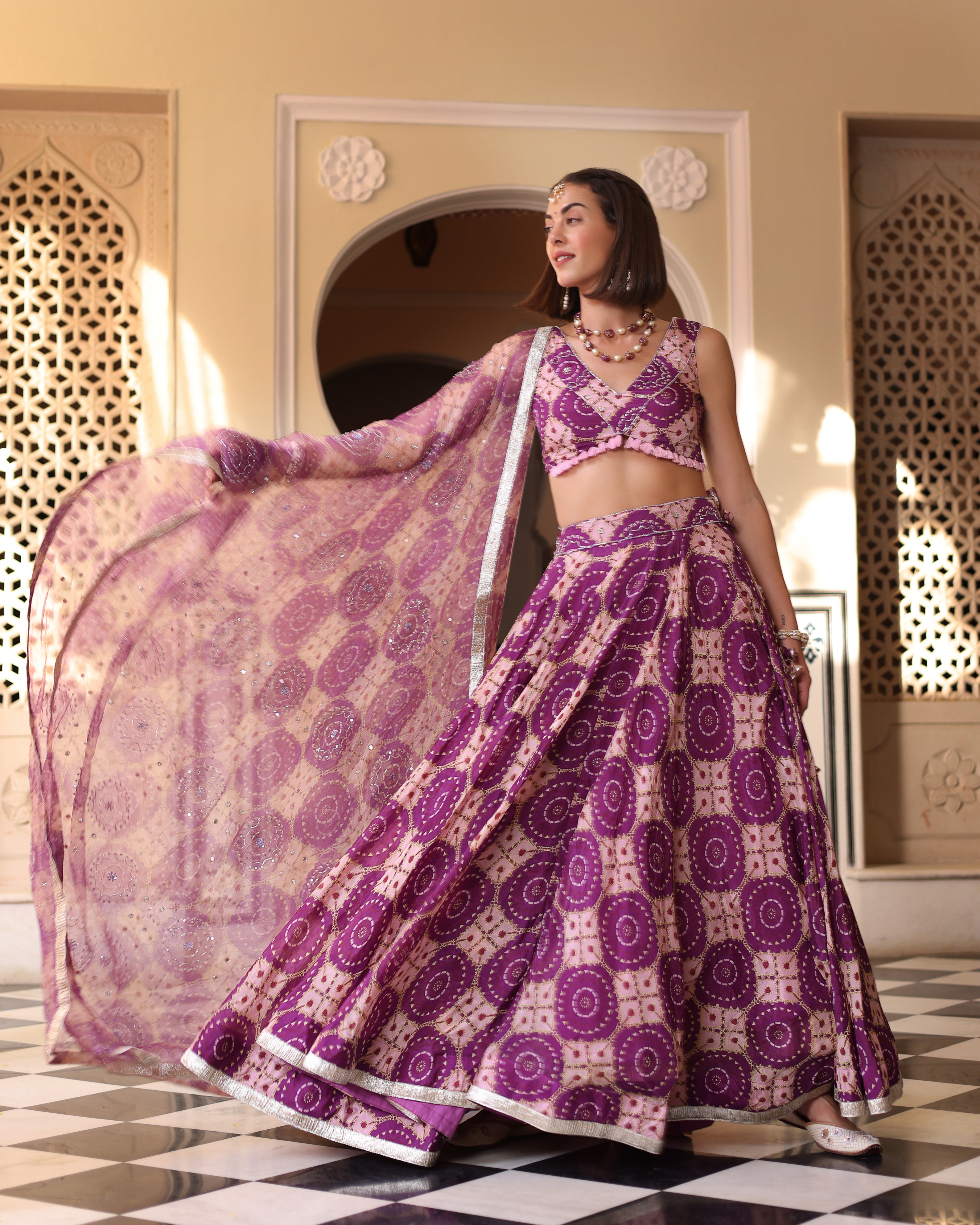 Aachho Lavender Printed Satin Lehenga Set – Women's